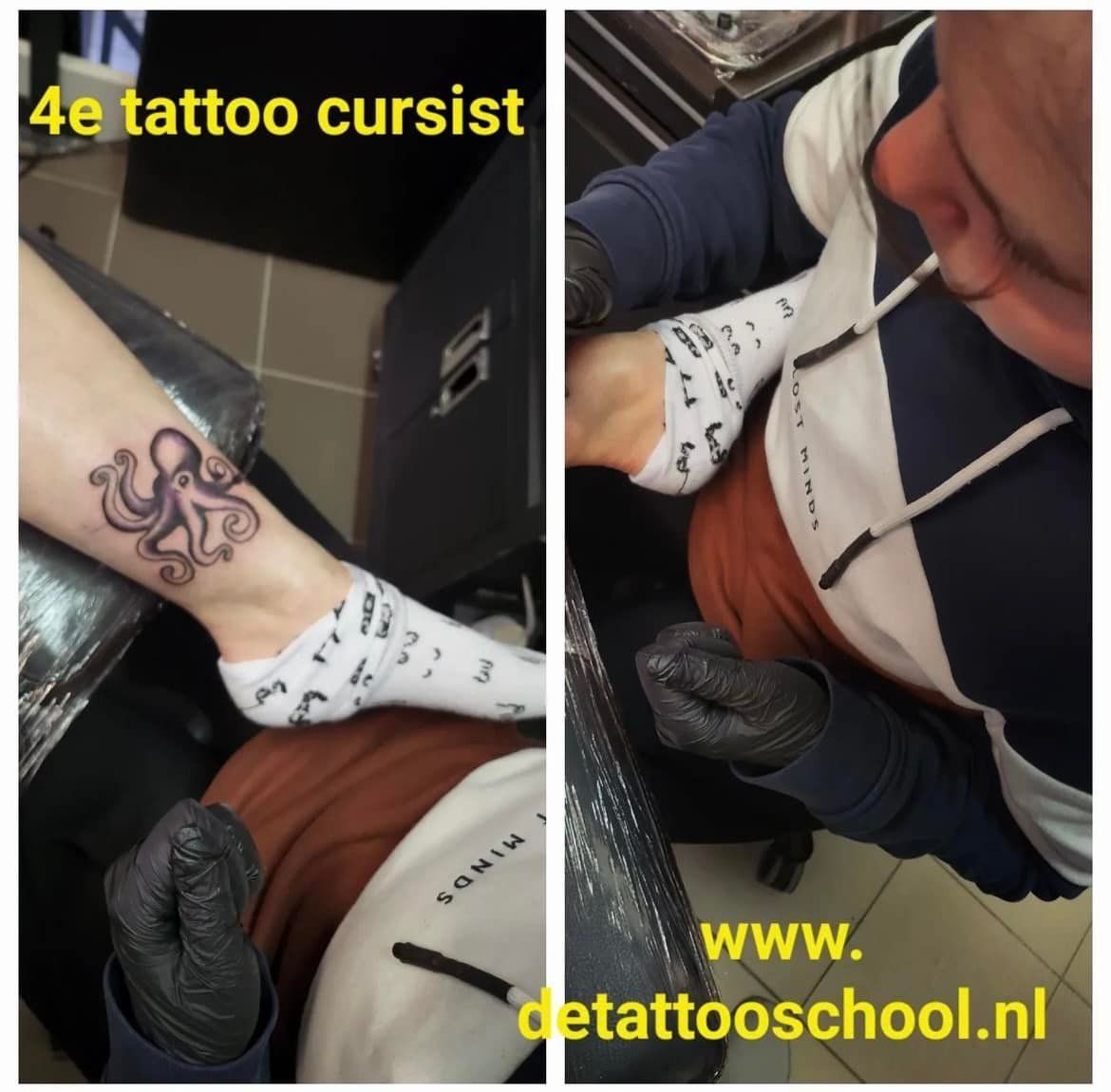 Twee foto's: Persoon krijgt een octopus-tatoeage op zijn enkel door een tatoeëerder met handschoenen.