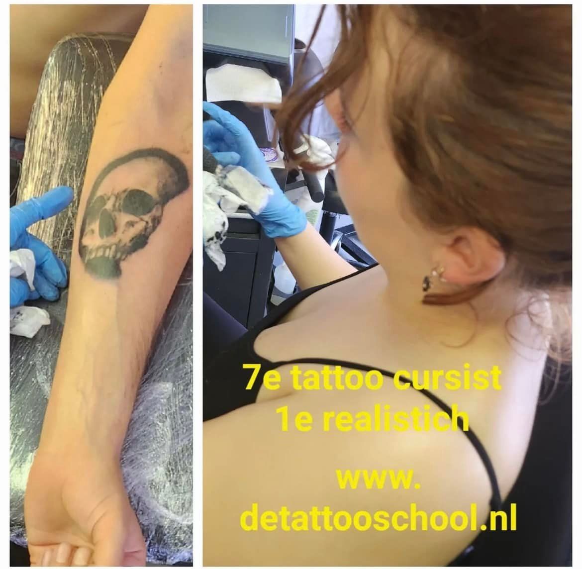 Tatoeëerder werkt aan een schedeltatoeage op iemands arm. De tatoeëerder draagt ​​blauwe handschoenen.