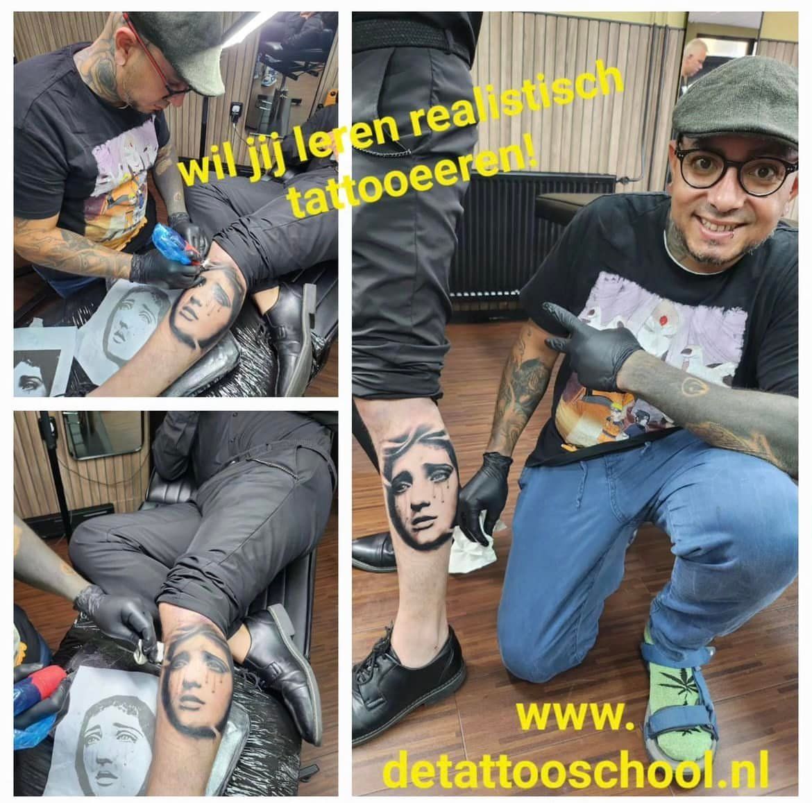 Tatoeëerder demonstreert realistisch tatoeëren op een been. Tekst: 