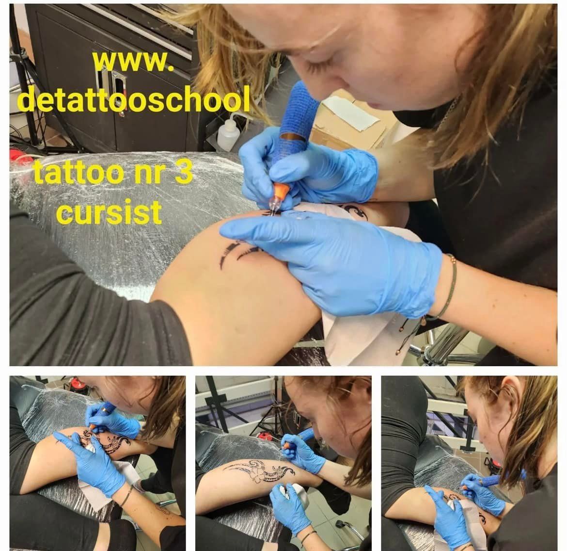 Tatoeëerder met blauwe handschoenen die een arm tatoeëert. Website zichtbaar. De onderste foto's tonen details.