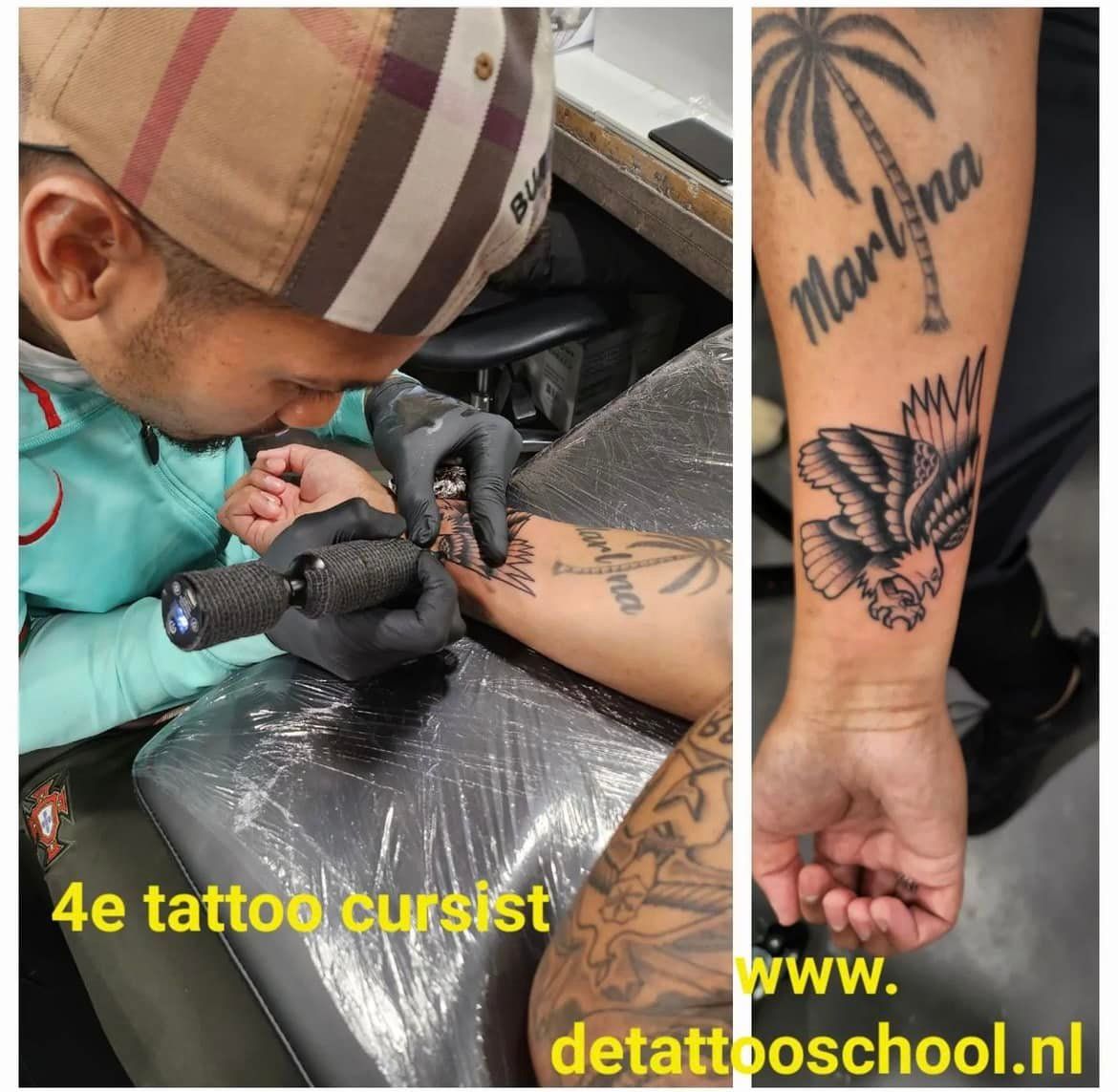 Tatoeëerder tatoeëert een onderarm. Het eindresultaat toont een palmboom, vogel en naam. Website inbegrepen.