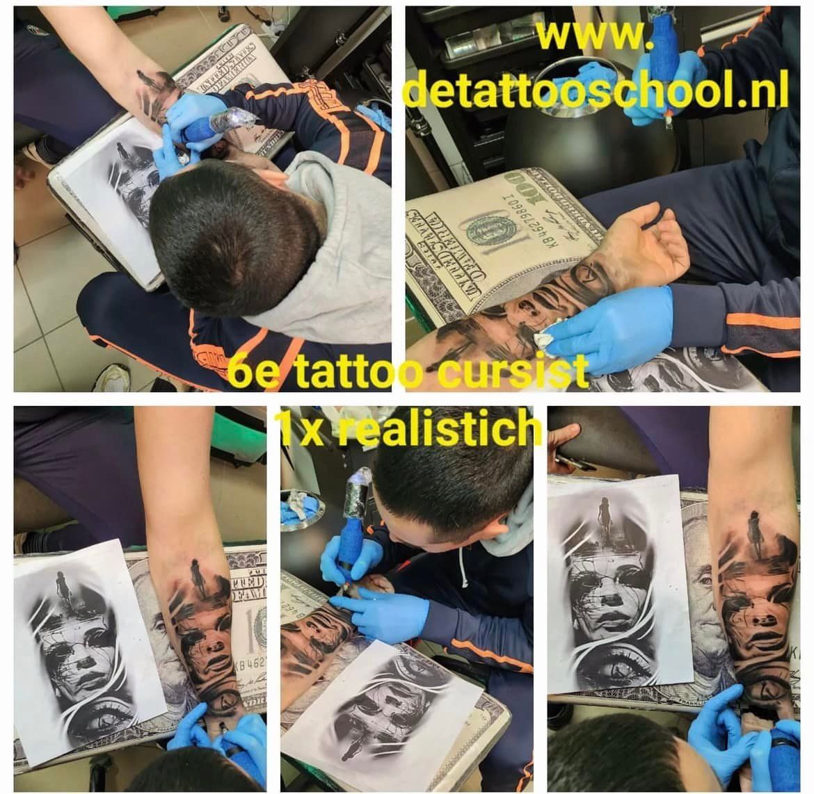Tatoeëerder brengt met behulp van een sjabloon en een machine een realistisch ontwerp aan op een arm.