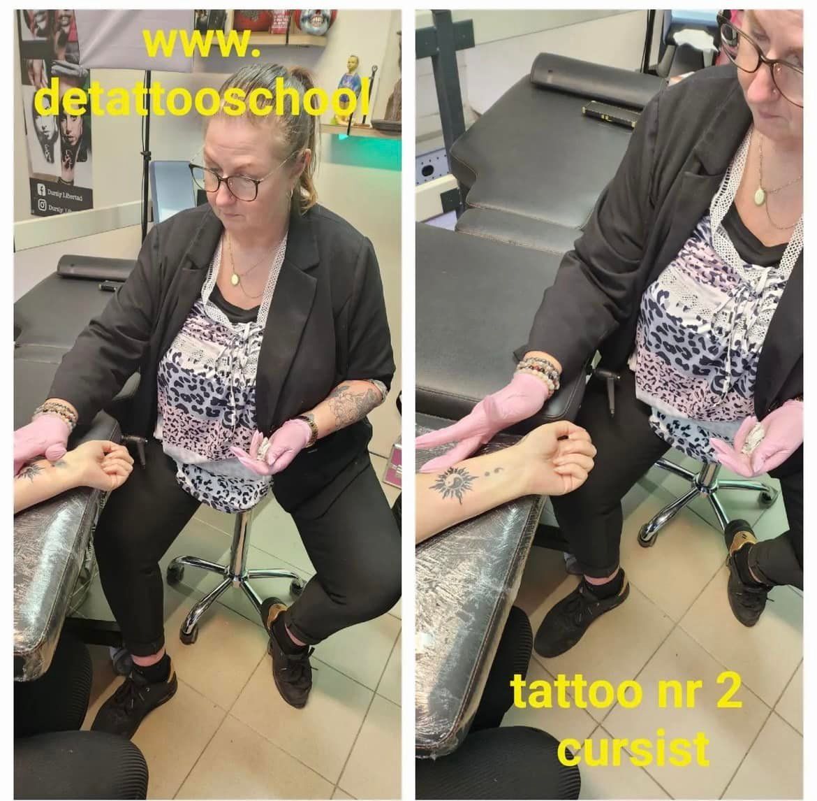 Iemand laat in een tatoeagestudio een tattoo zetten op iemands arm.