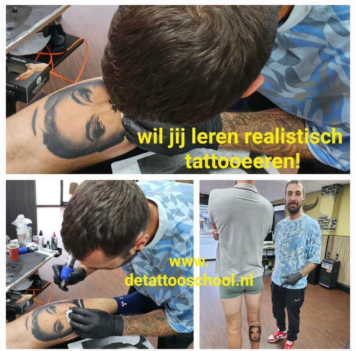 Tattoo artist giving tattoo lesson, showing completed portrait tattoo. Text: 