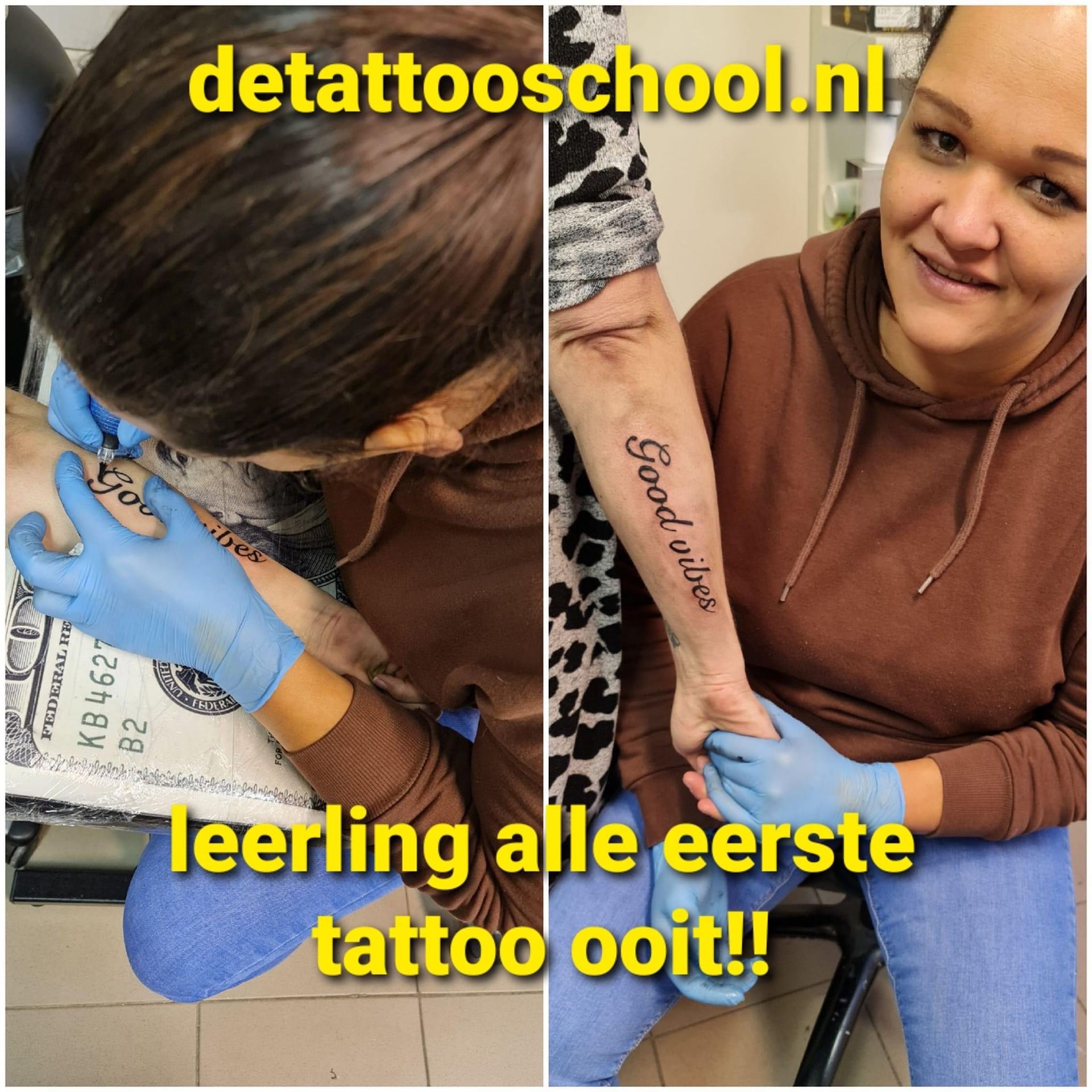 Een persoon die een onderarm tatoeëert met de tekst 