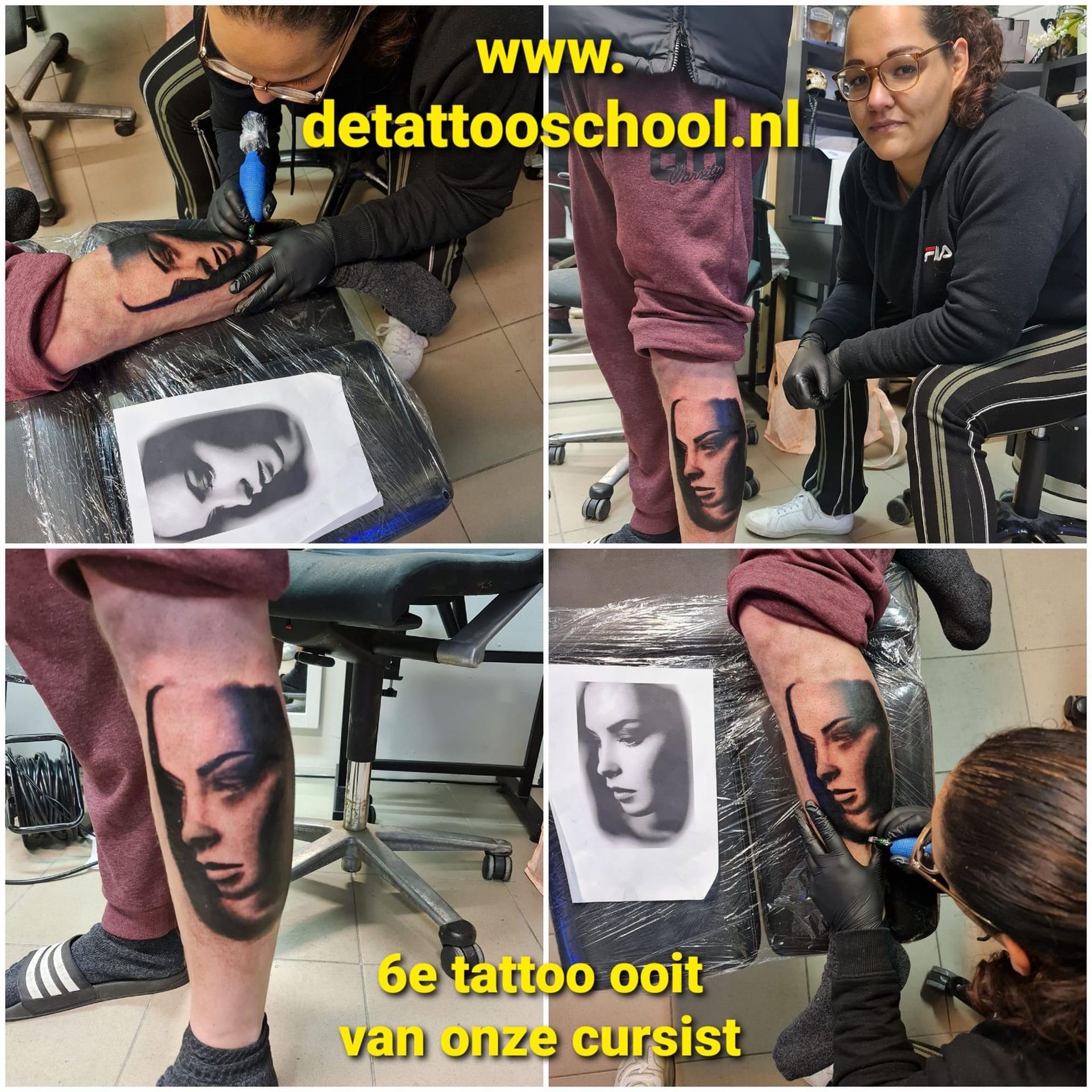 Mensen tatoeëren een portret op een been bij 