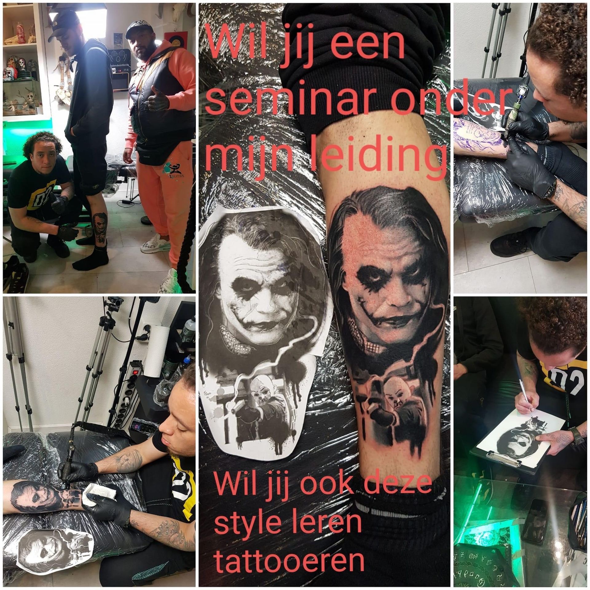 Tatoeëerder geeft demonstraties en maakt reclame voor seminars, met een Joker-tatoeage op een arm.