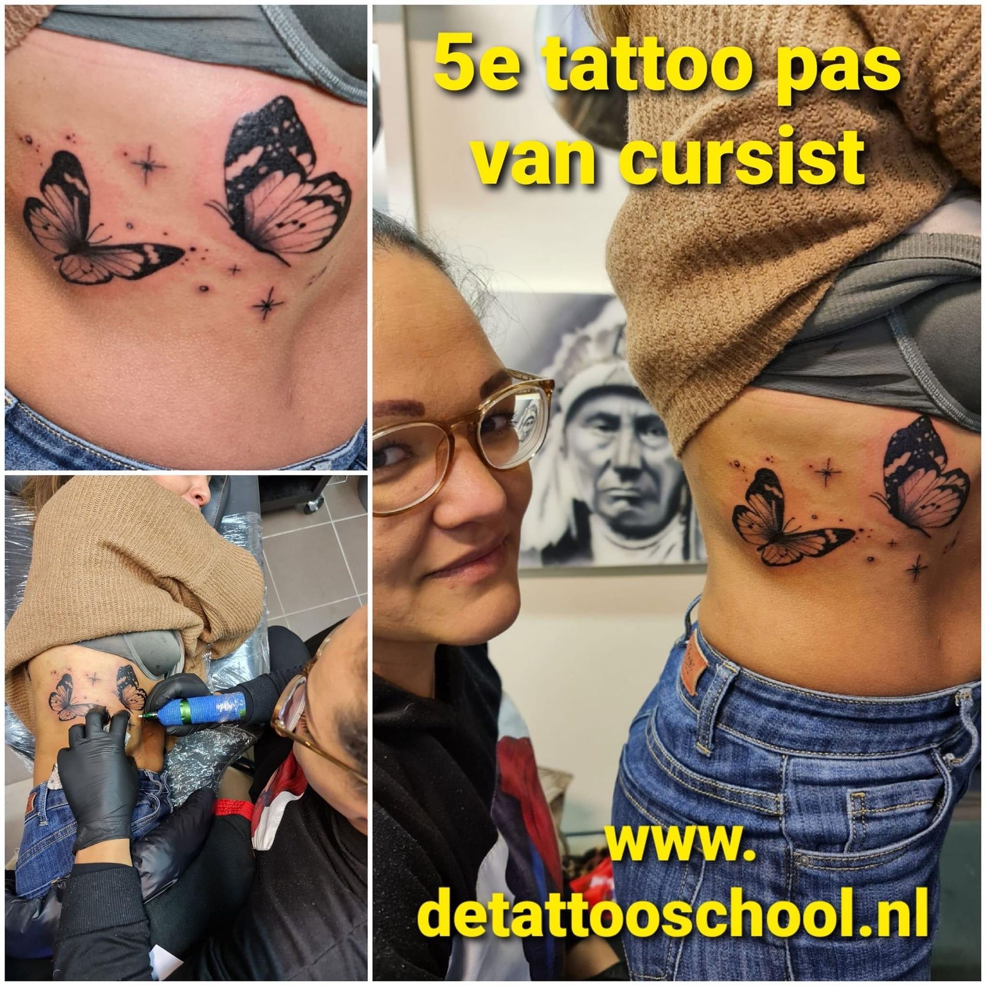 Tatoeages van vlinders op de zijkant van een persoon, mogelijk de vijfde tatoeage van een student, en een persoon die de tatoeage laat zetten.