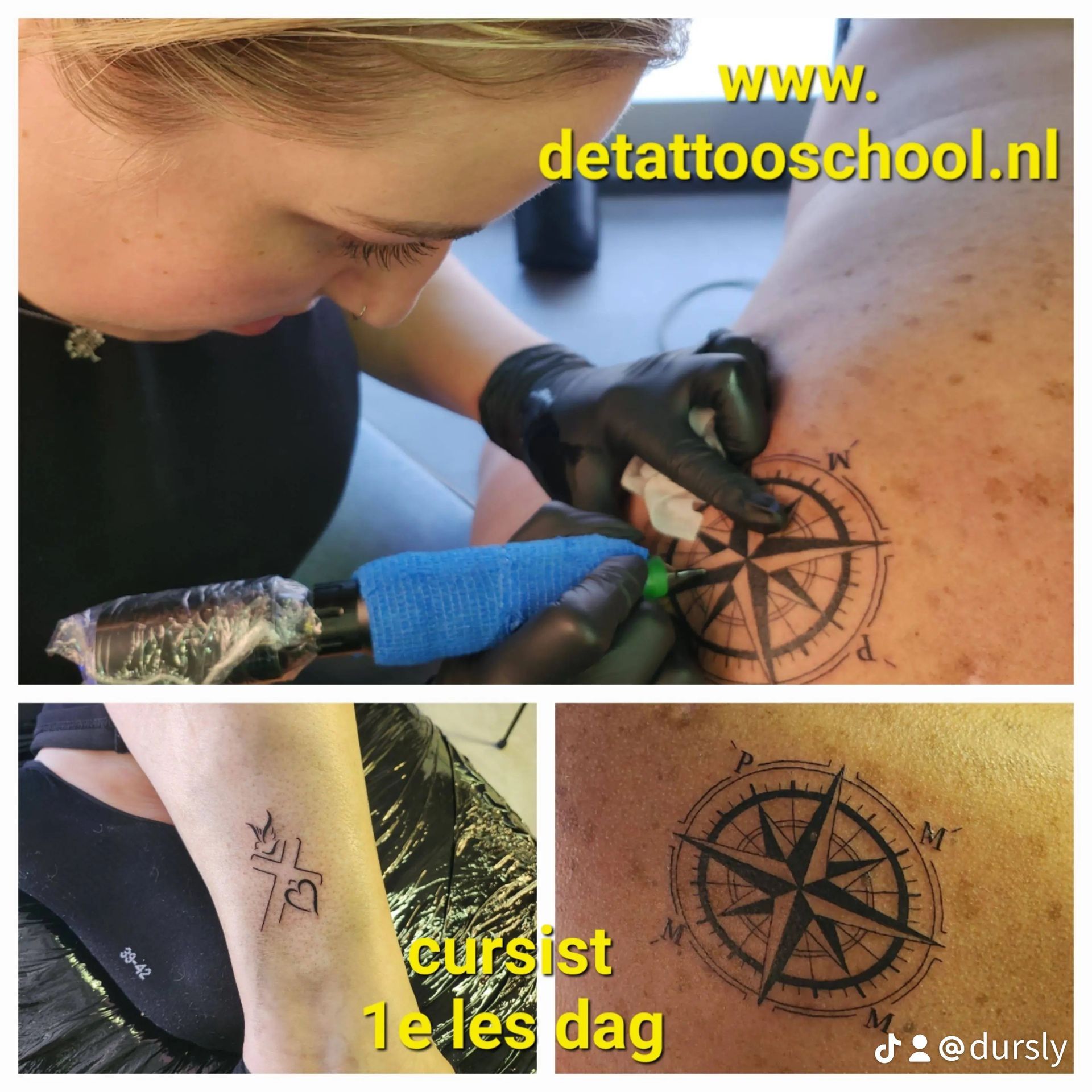 Tatoeëerder tatoeëert een kompasontwerp. Linksonder: kleine enkeltatoeage. Rechtsonder: getatoeëerd kompas. Website: detattooschool.nl