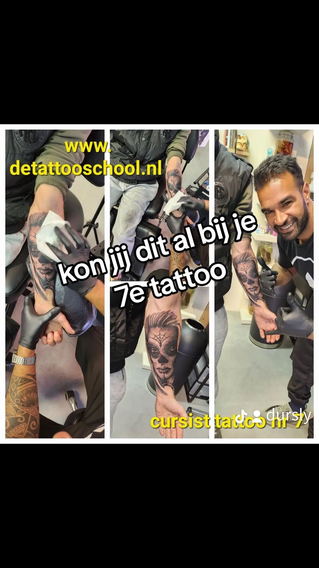 Afbeelding met drie panelen: persoon die een tatoeage op zijn been krijgt, de tekst “kon jij dit al bij je 7e tattoo” en een lachende man met een getatoeëerde mouw.
