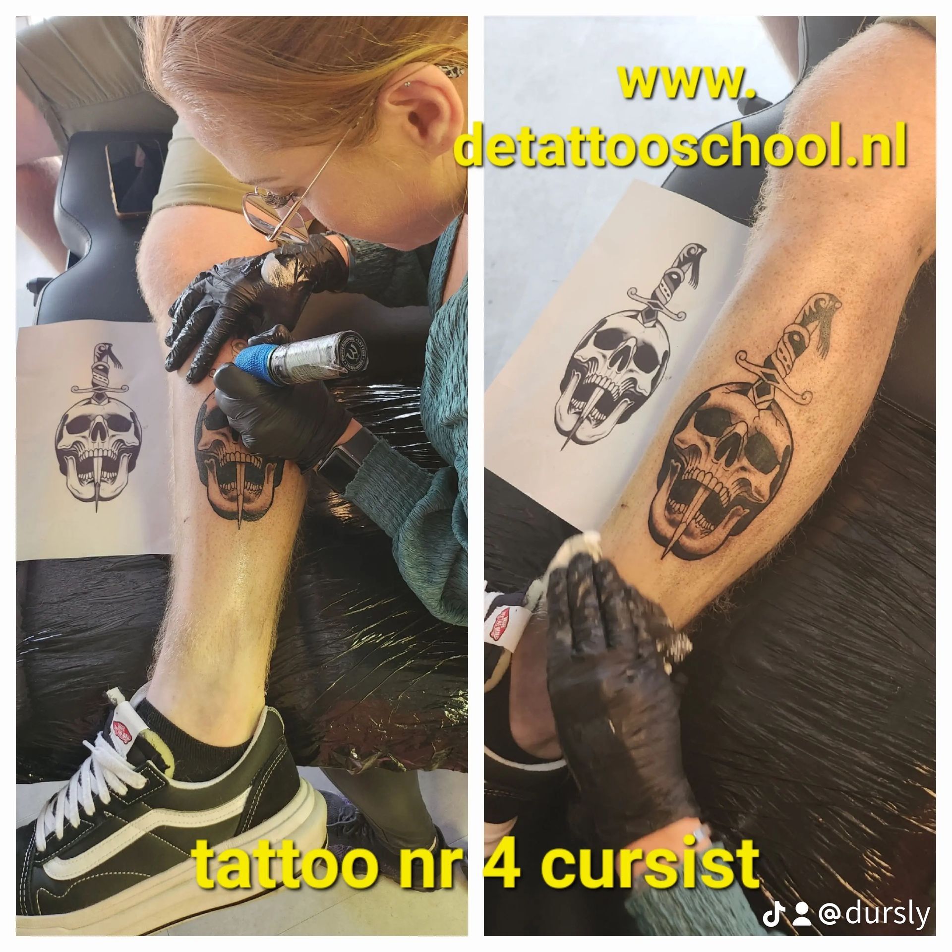 Persoon die een schedelontwerp op een been tatoeëert. De tatoeëerder draagt ​​handschoenen en houdt een tatoeagepistool vast. Het schedelontwerp staat ook op papier.