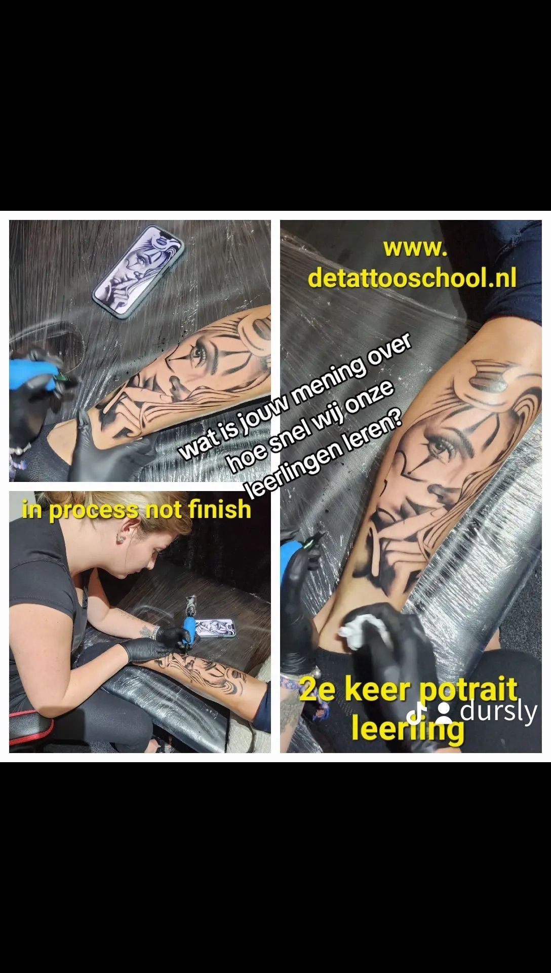 Tatoeëerder aan het werk. Een been wordt getatoeëerd in een studio.