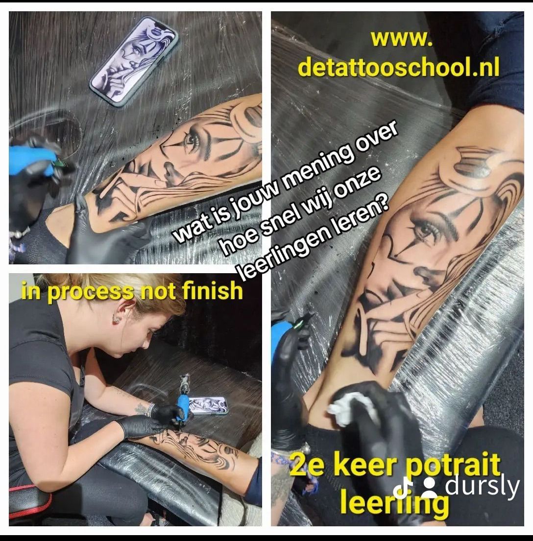 Tattoo in progress on a leg. Text overlay: 