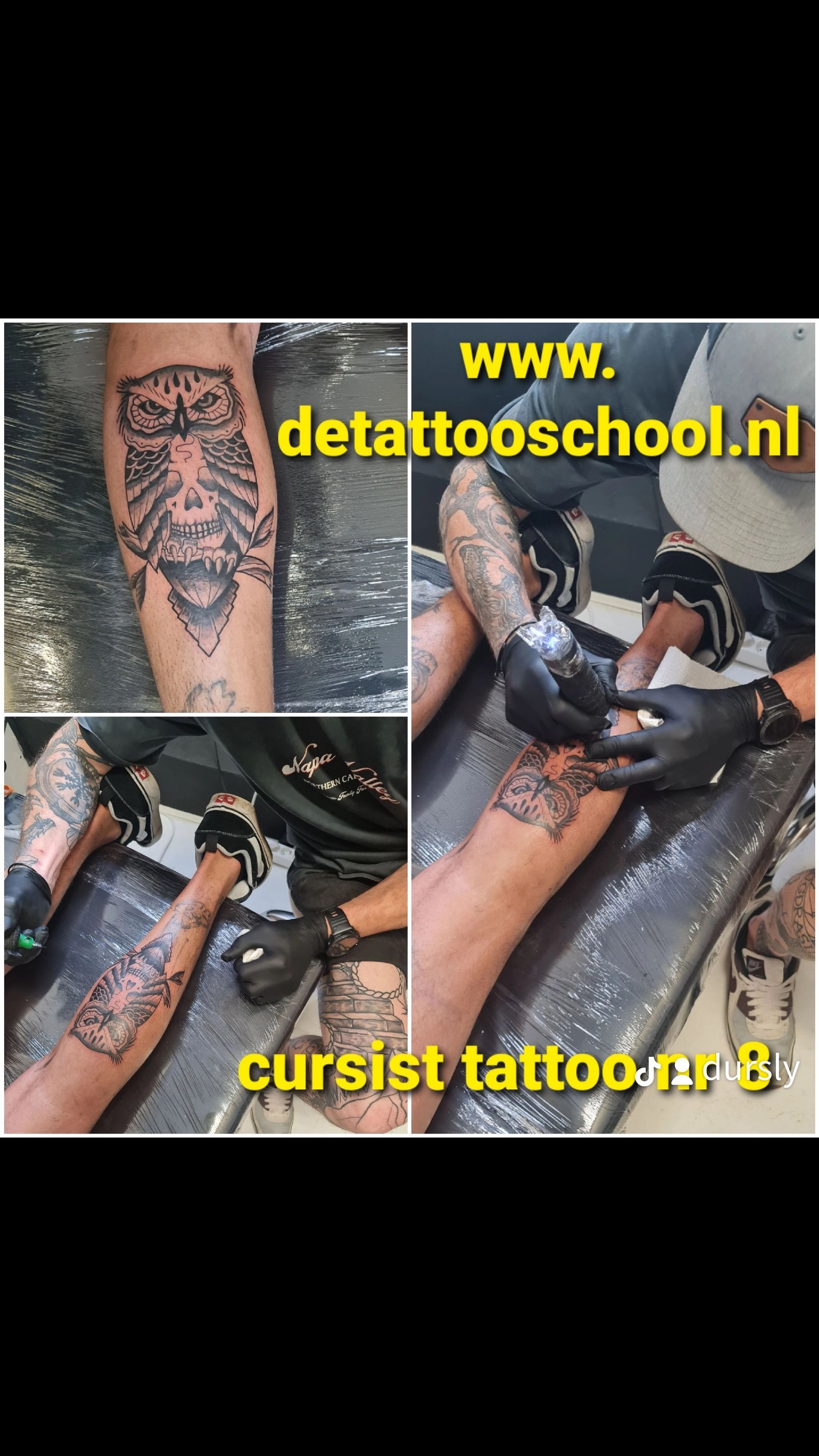 Tatoeëerder die een uilenontwerp op een been zet. Foto's vanuit verschillende hoeken. Websiteadres inbegrepen.