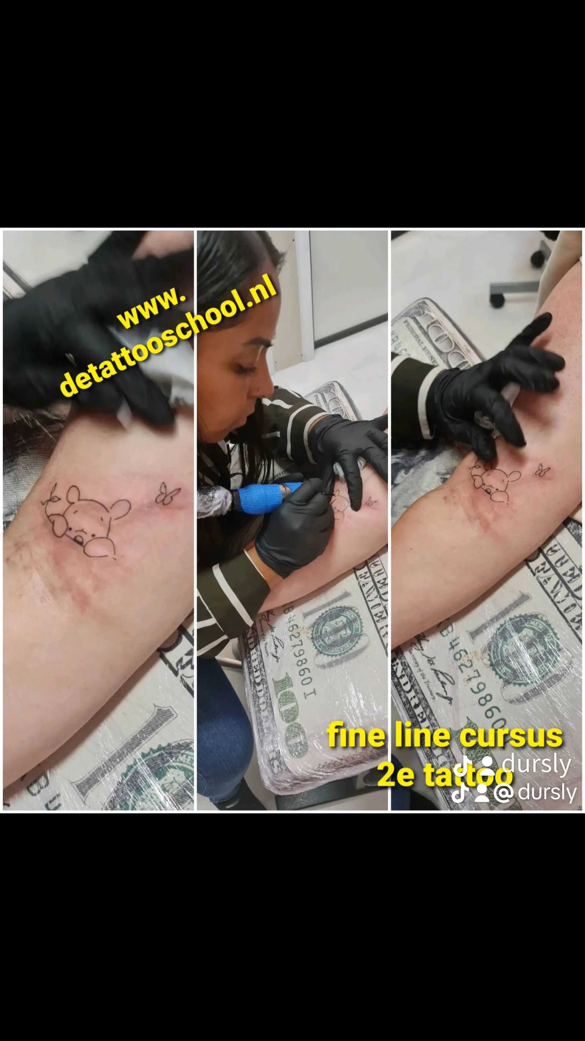 Tatoeëerder die fijne lijntjes op zijn arm tekent, zittend binnen. Tekstoverlay: 