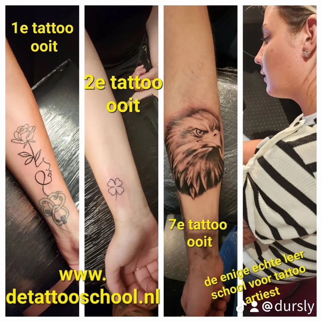 Tatoeages op de arm: roos, klaver, adelaar. Vrouw kijkt naar tatoeages. Websiteadres en Instagram-naam worden weergegeven.
