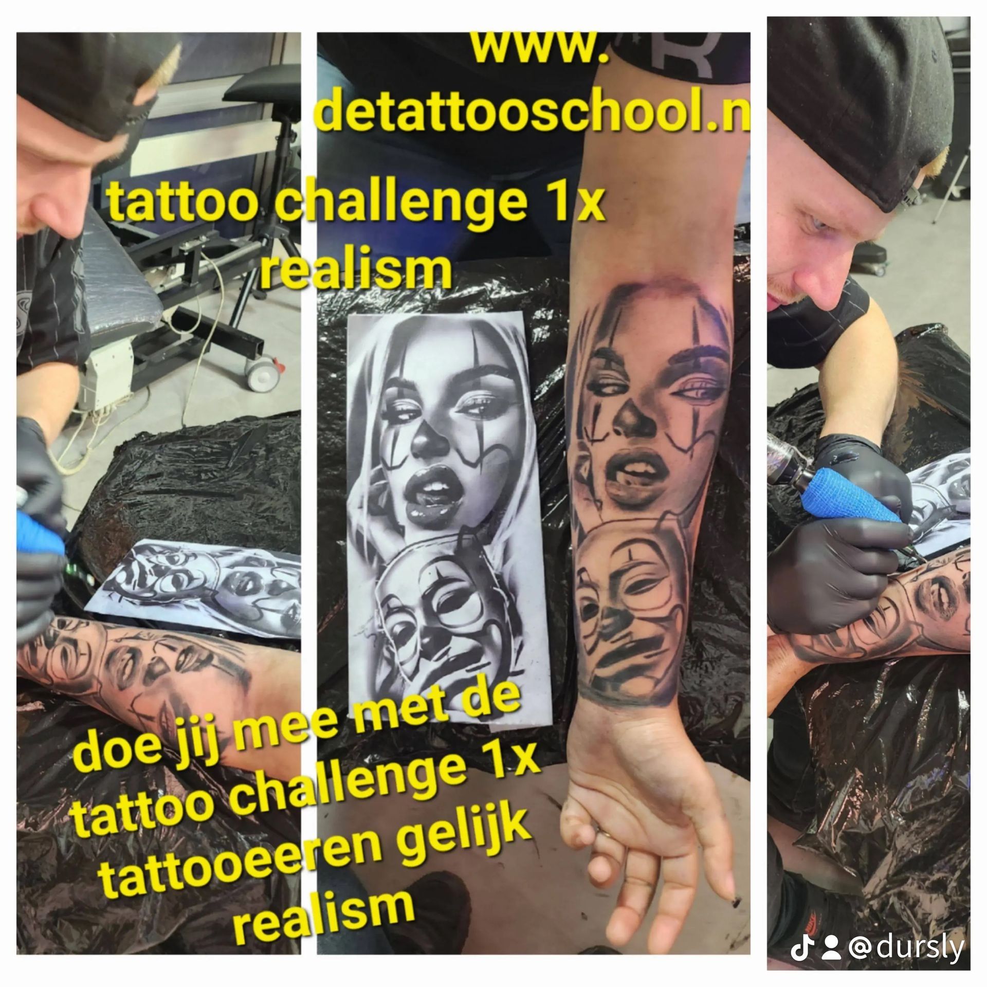 Tatoeëerder werkt aan een realistische tatoeage van clownsgezichten op een onderarm. De afbeelding is verdeeld in drie panelen.