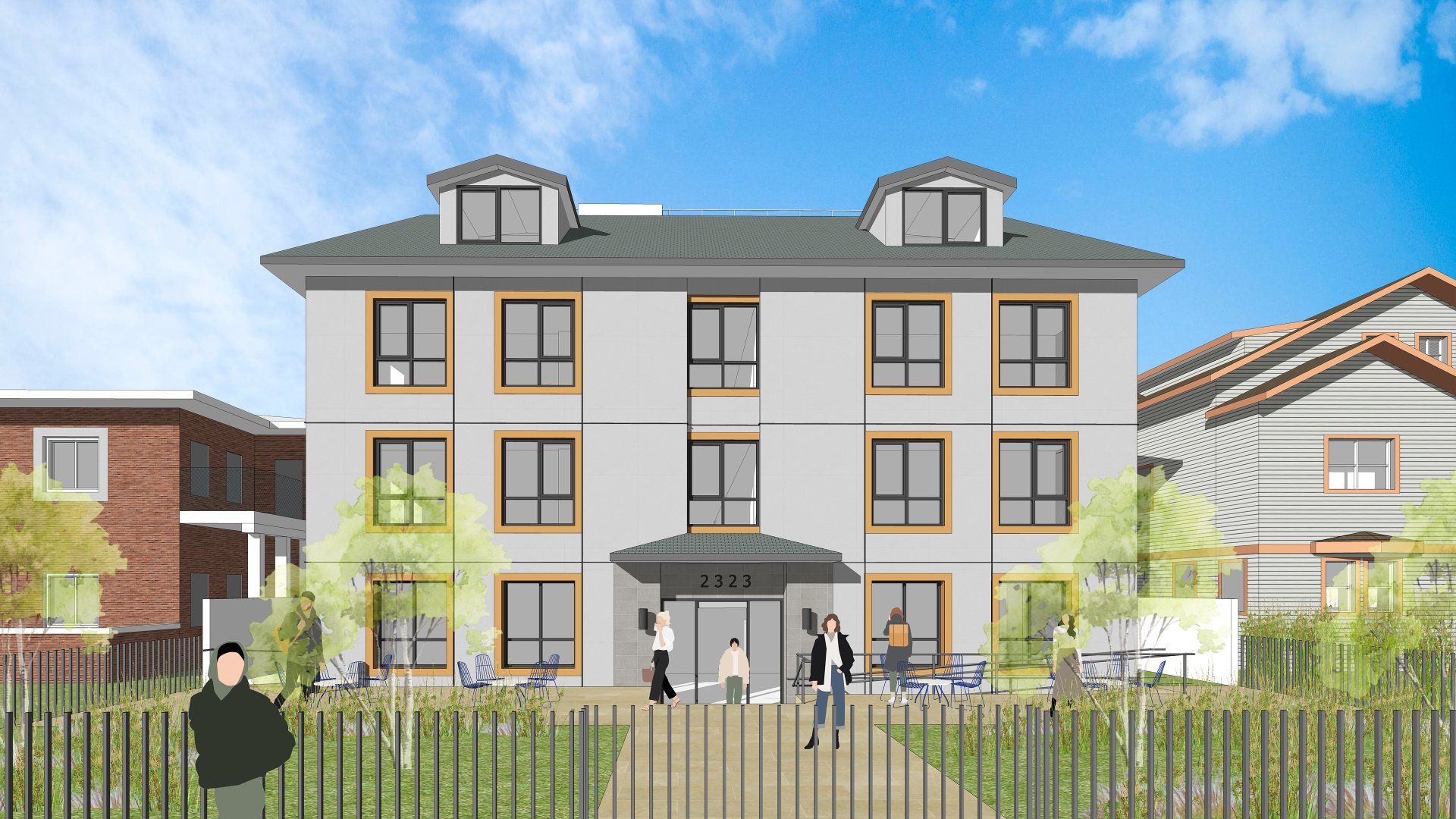 This image is 2d and its showing a housing colon where peope are walking.