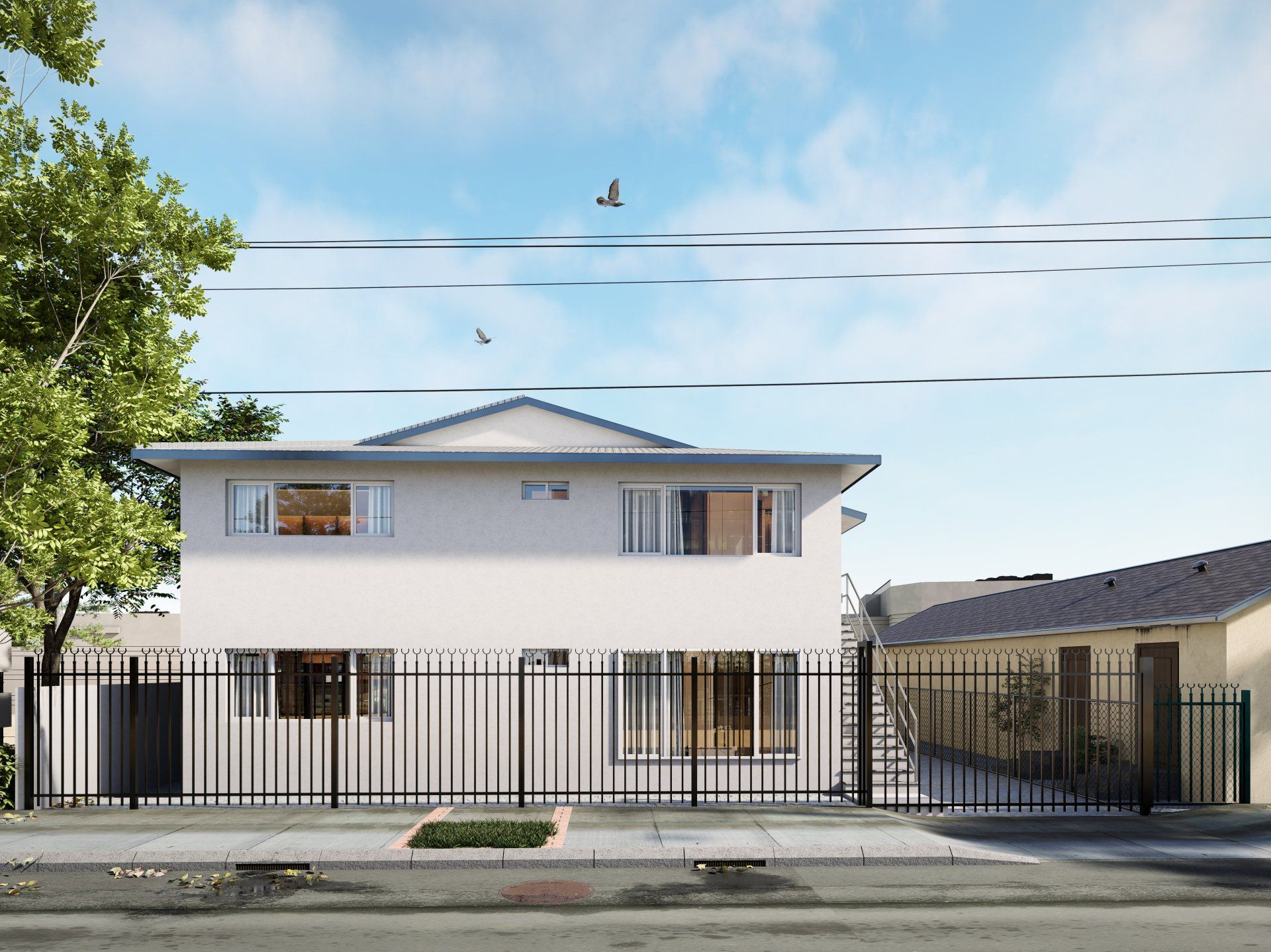 This image shows a white theme house with a fence and tree is on the right side.