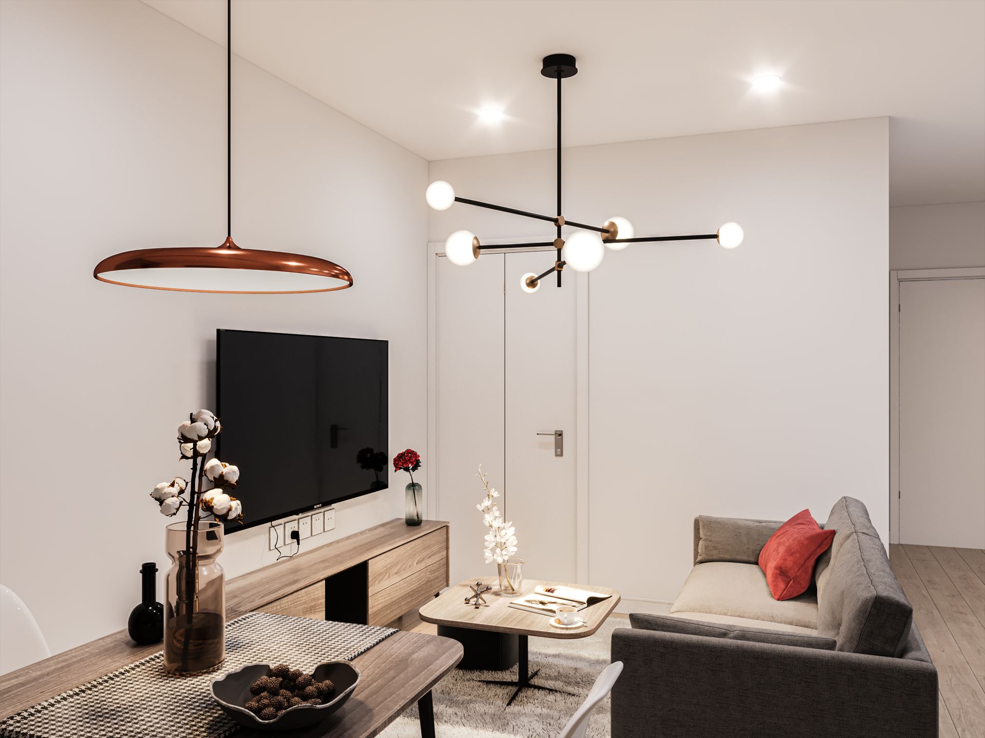 This image shows a white and black colored building with people walking on the sidewalk.