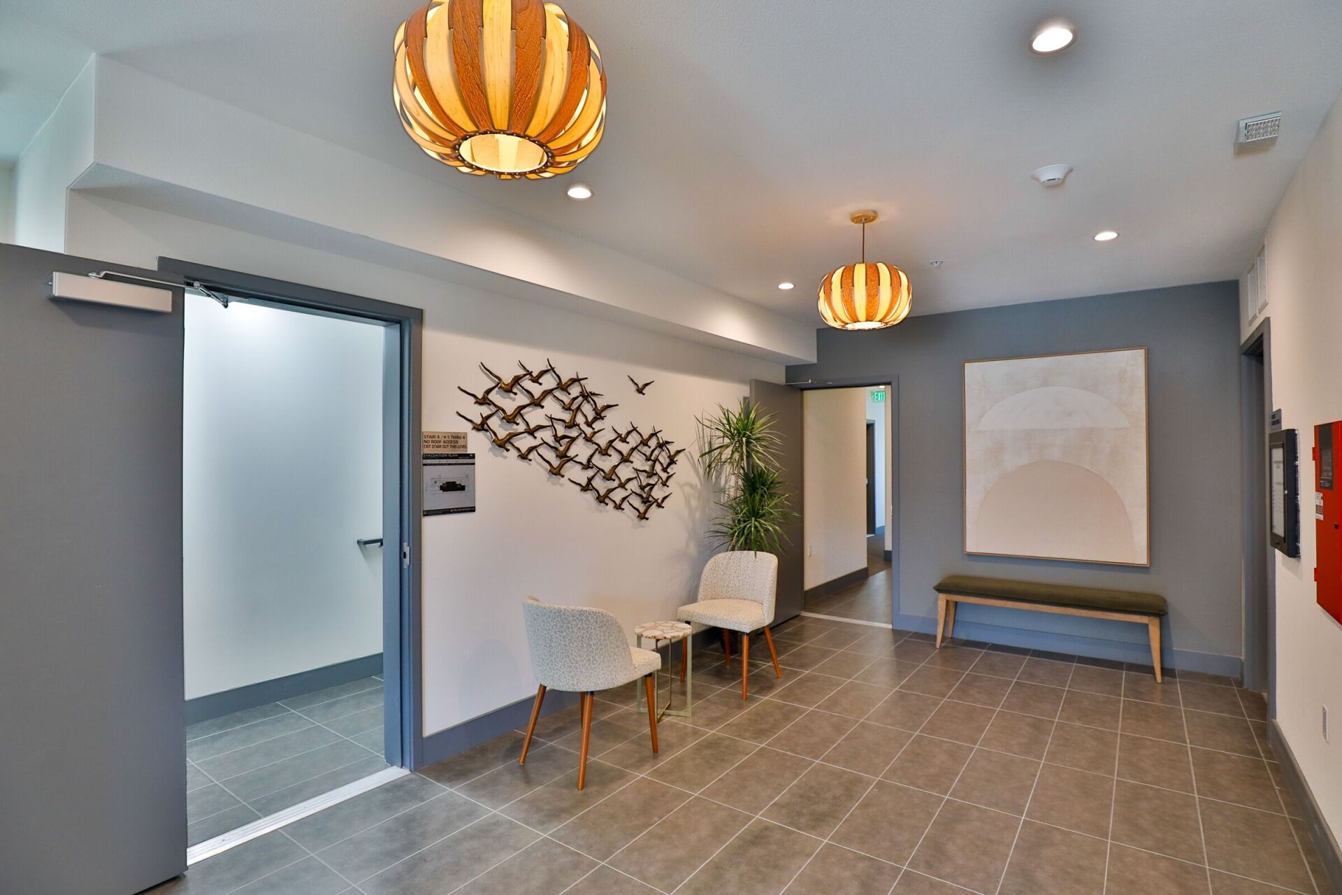 This is the image of a gray room with chairs and unique bulbs