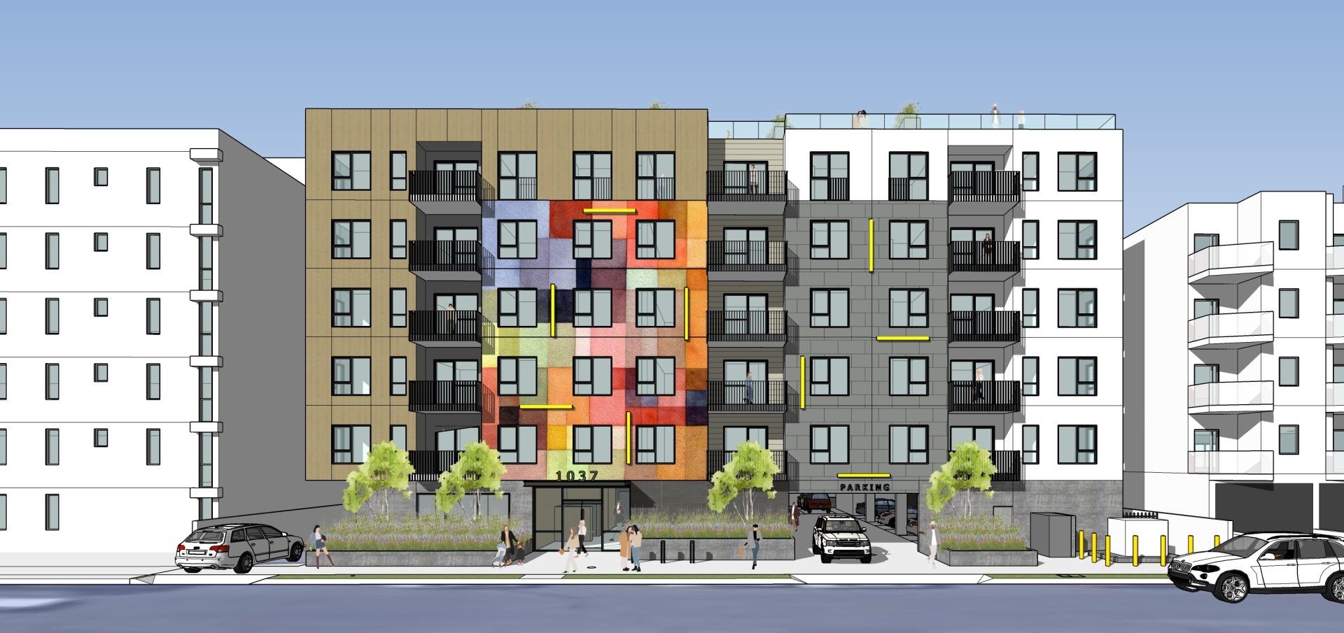 This image is a 2d it is showing a colorful building, cars,roads & trees in front of it.