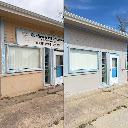 Before-and-after view of a pet grooming storefront exterior with fresh paint and updated trim.