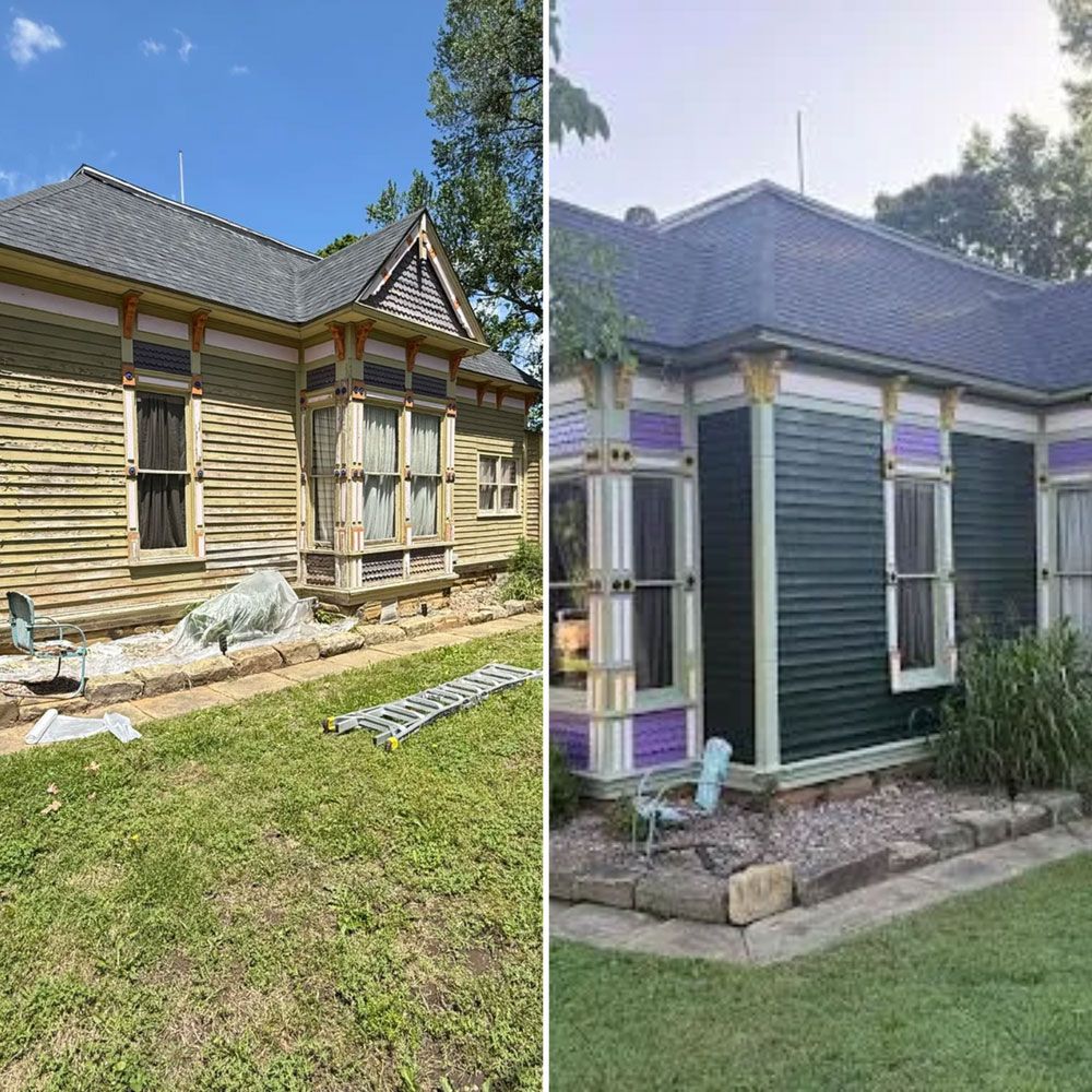 Before-and-after exterior of a small house, showing unfinished siding on the left and painted trim on the right.