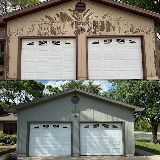 Two-story garage exterior, showing weathered paint before and freshly painted gray siding after restoration.