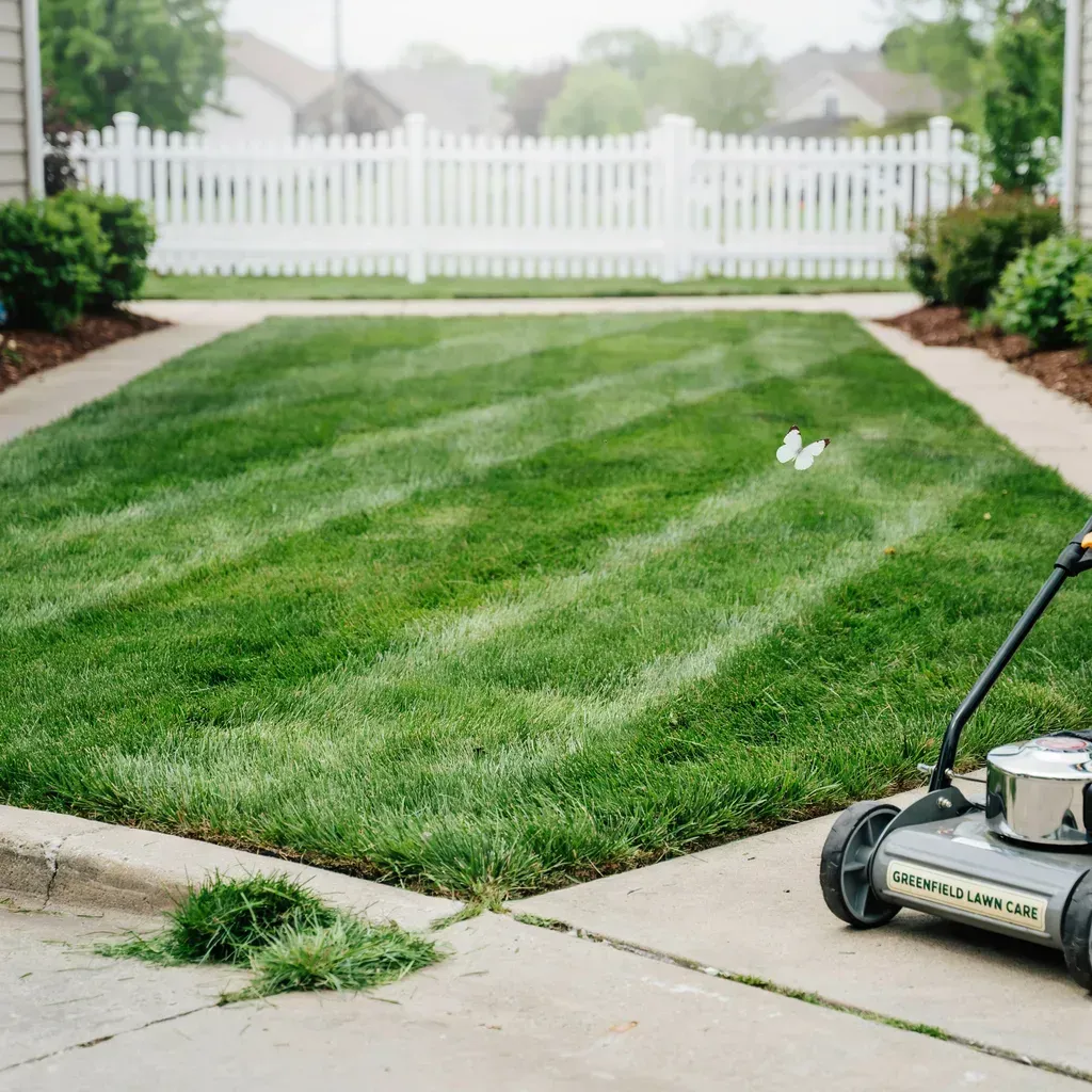 Freshly mowed green lawn with a lawn mower on a driveway near a white picket fence