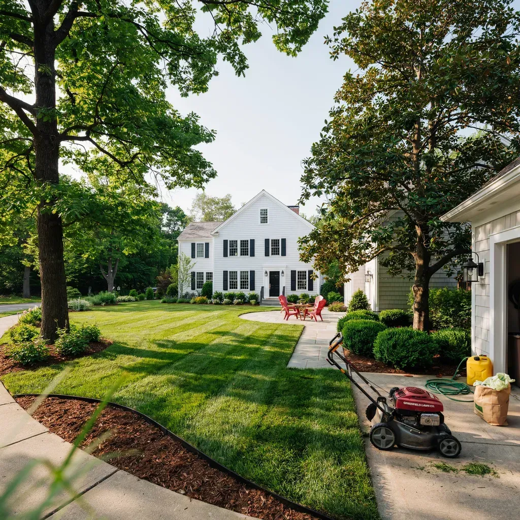 Suburban front yard with a white house, green lawn, trees, and a driveway with a lawn mower