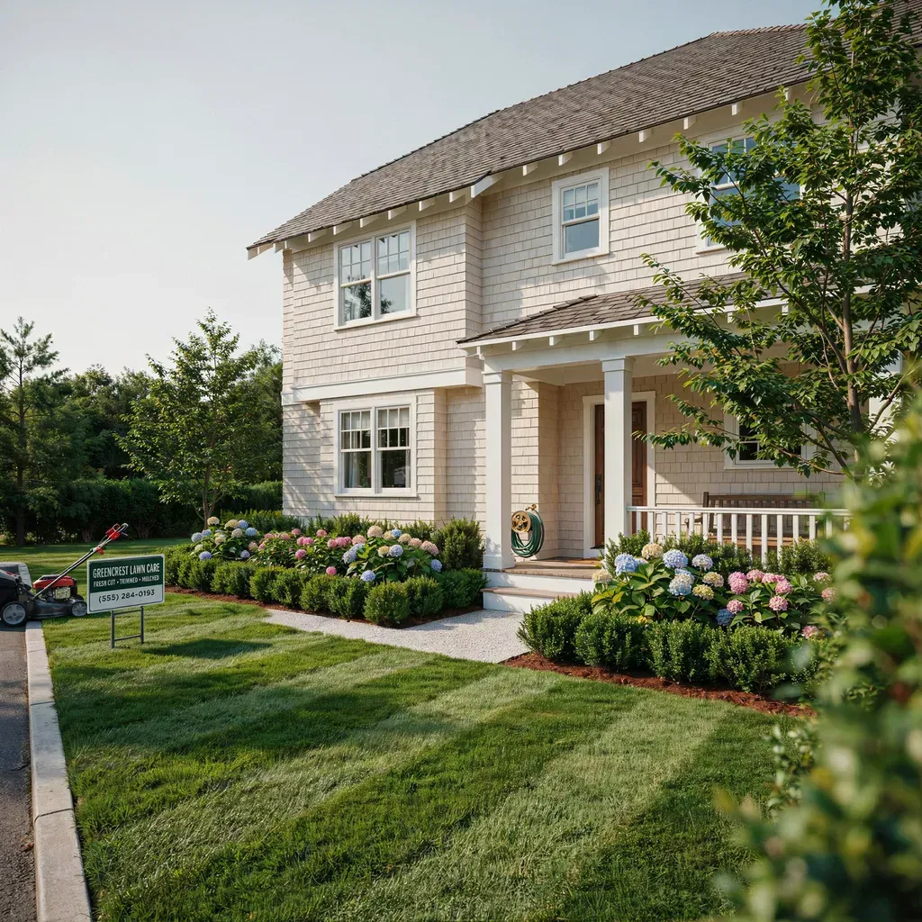 Two-story beige house with a manicured lawn, flower beds, and a front porch in a suburban setting