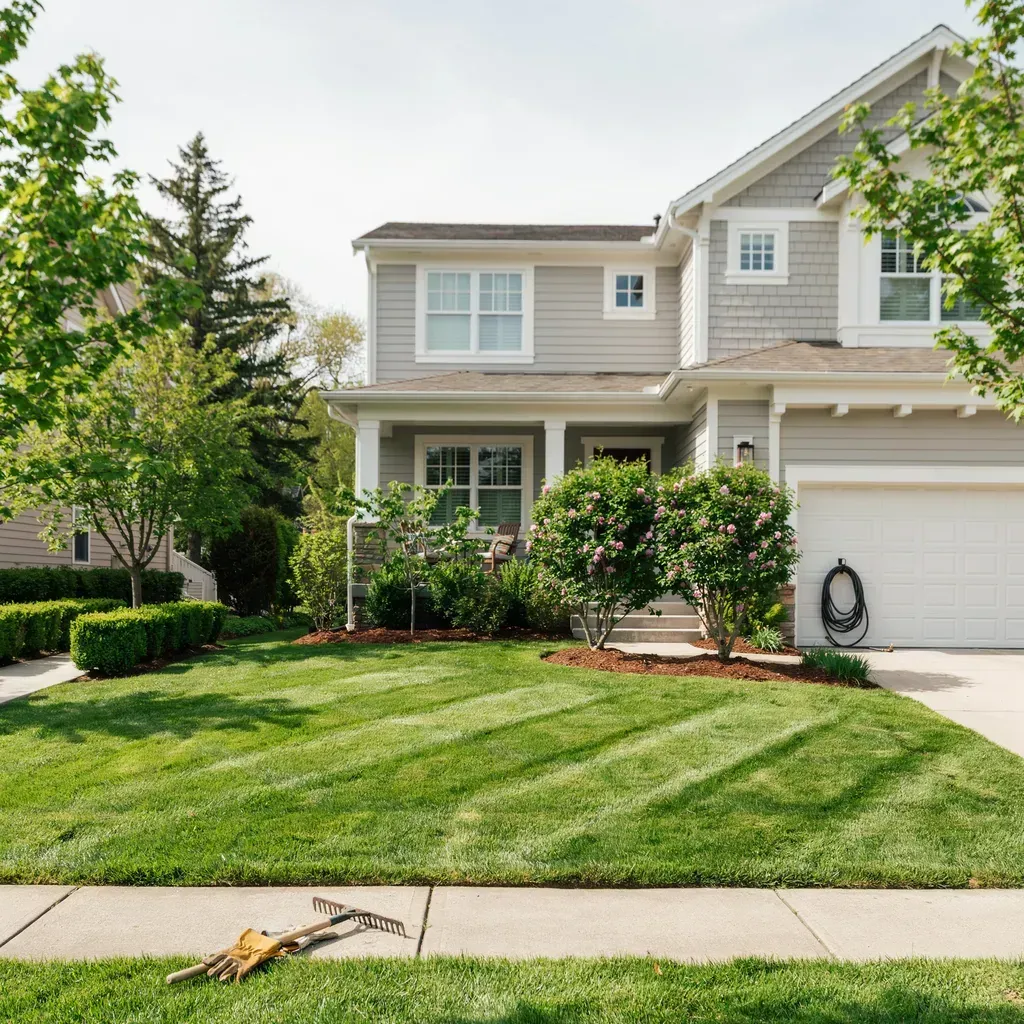 Suburban two-story house with a well-kept green lawn and a garage, viewed from the sidewalk.
