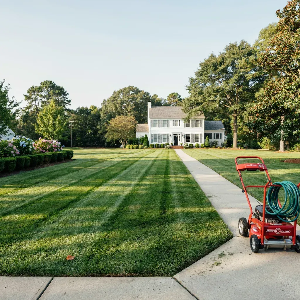 Lawn with mowing stripes leading to a white house, with a red lawn mower and hose in the foreground.