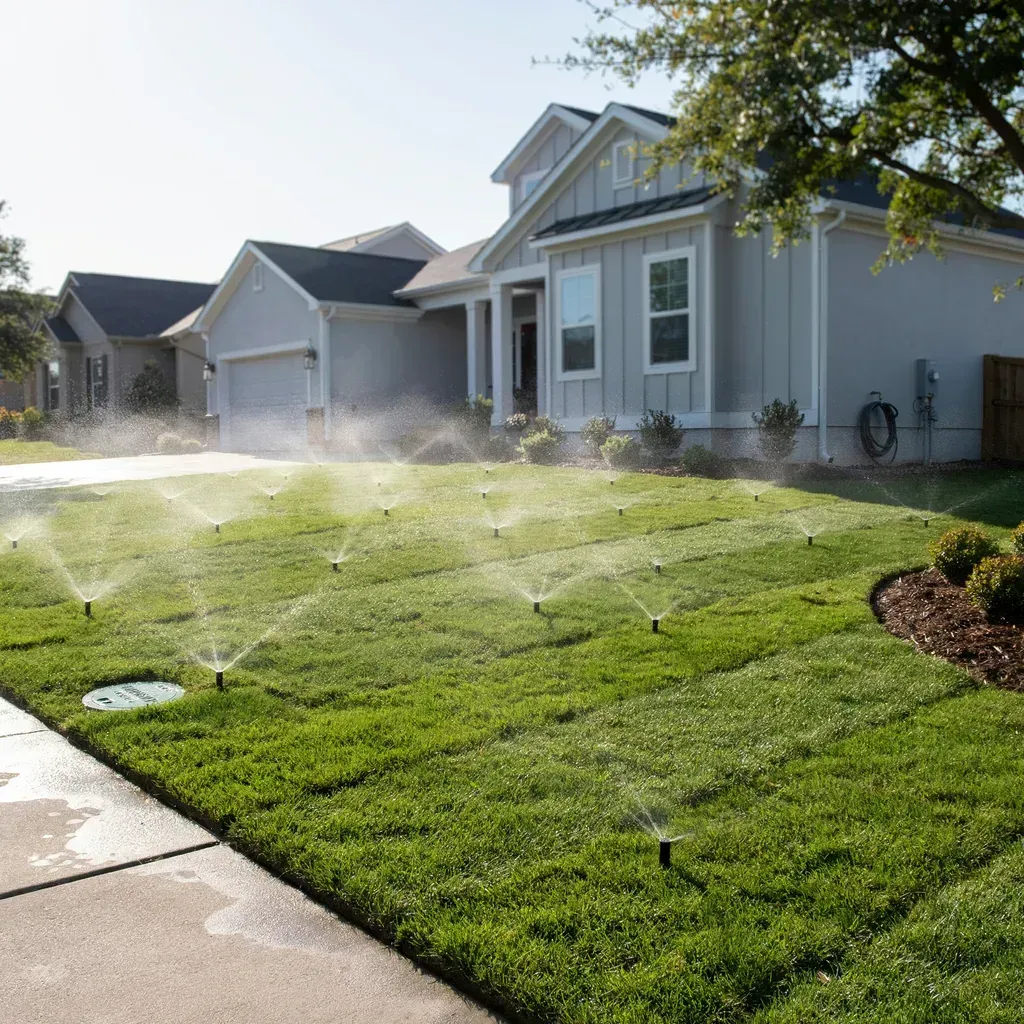 Sprinklers watering a lush green lawn in front of a suburban house on a sunny day
