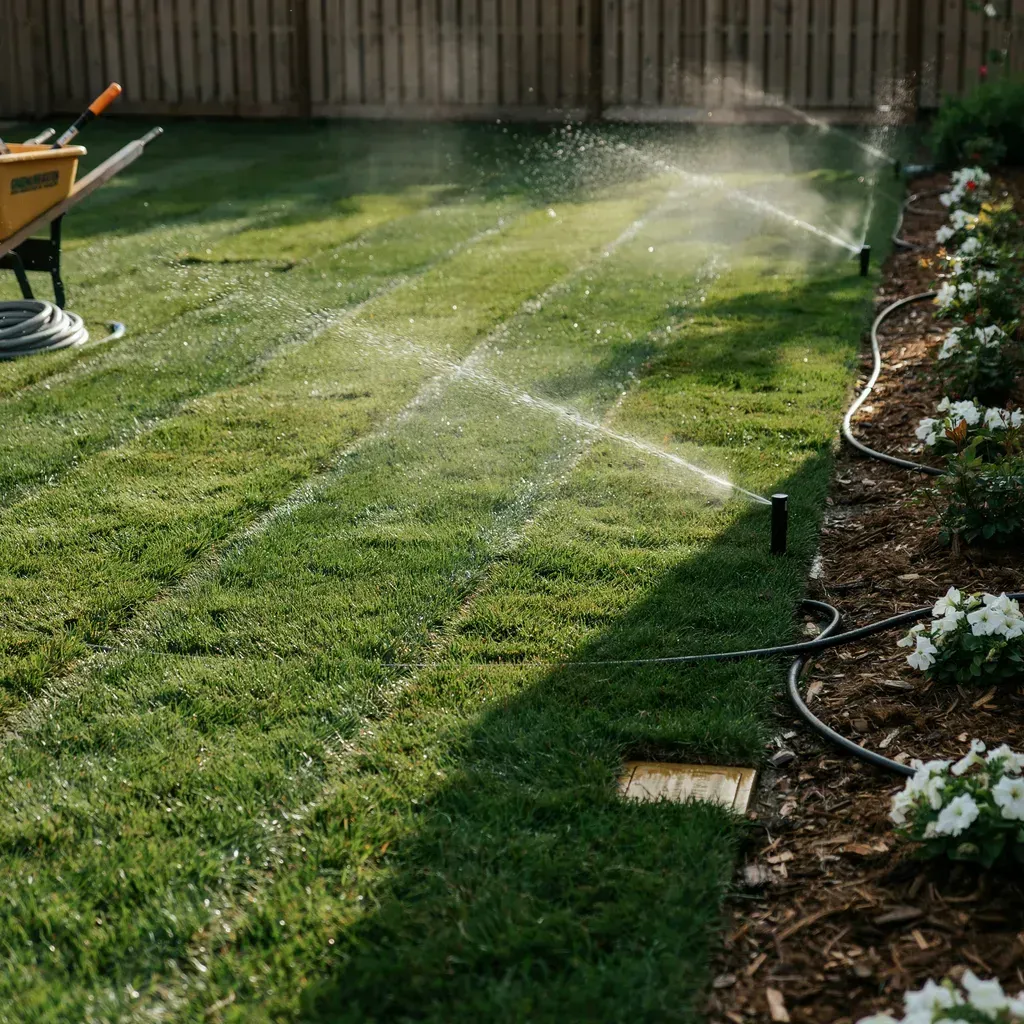 Lawn sprinkler spraying water across a green backyard beside a fence and flower bed