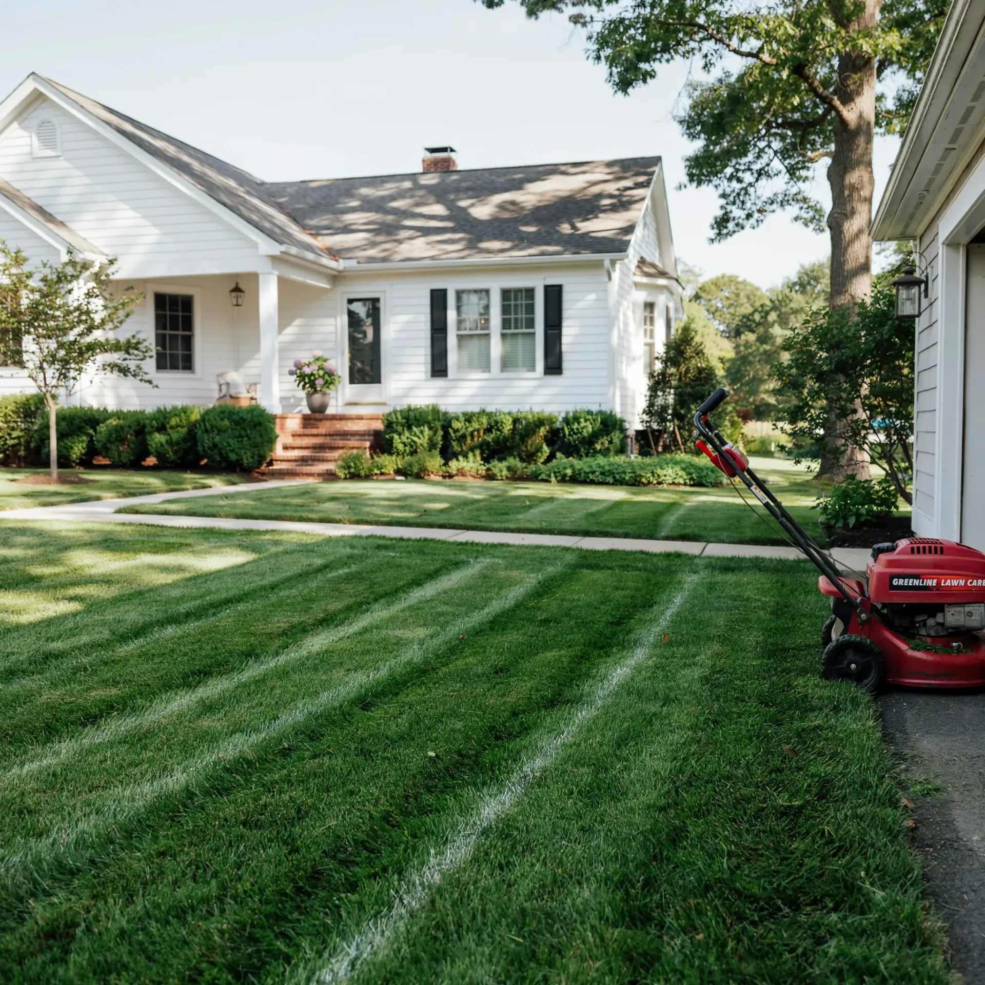 White house with striped green lawn and red lawn mower in the foreground