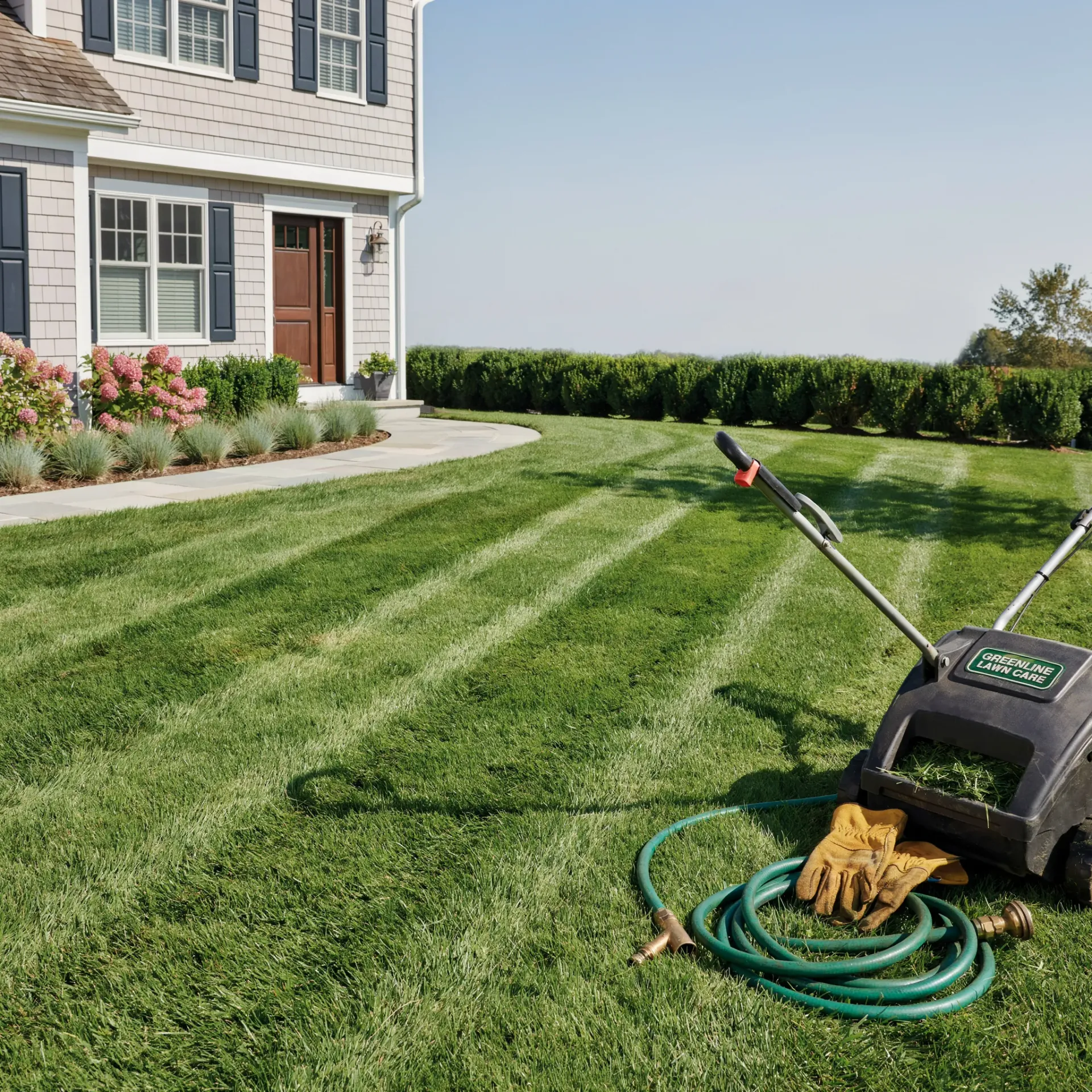Manicured suburban lawn with fresh mowing stripes, a house, and a lawn mower with a coiled hose in the foreground