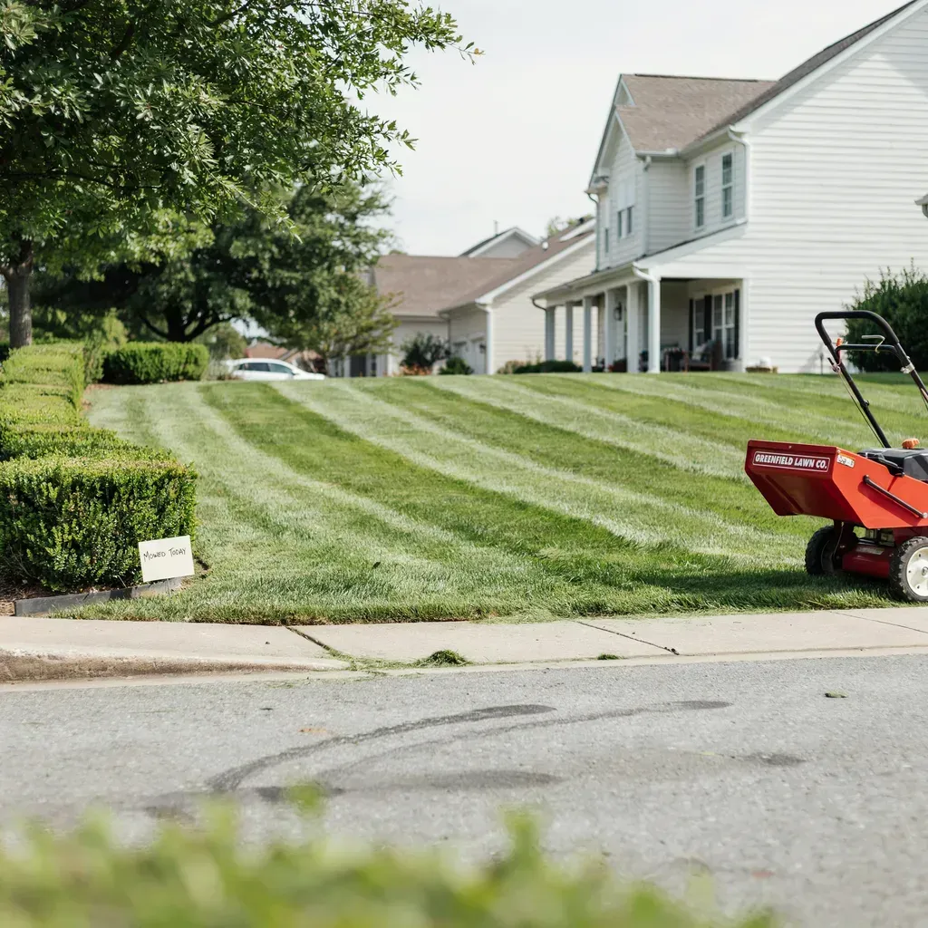 Suburban home with freshly mowed lawn, white houses, and a red lawn mower at the curb