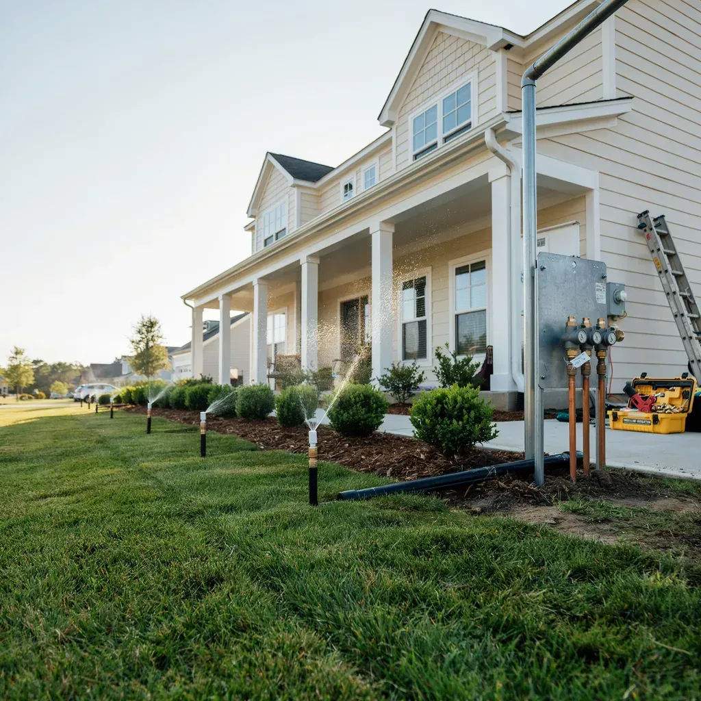 A beige suburban house with white columns and a covered porch beside a green lawn and utility equipment.