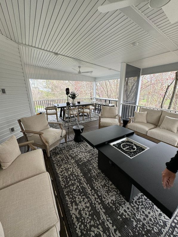 Covered outdoor patio with seating, fire table, dining area, and patterned rug.