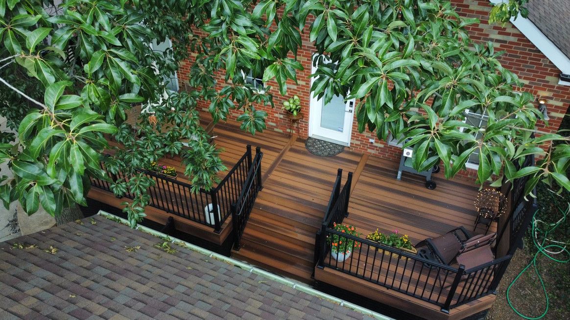Wooden deck with black railings, partially shaded by green tree, leading to a brick home's back door.