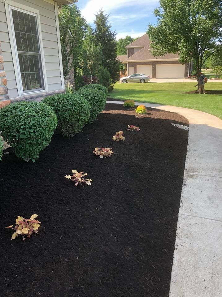 A house with a concrete walkway and a lot of mulch in front of it.