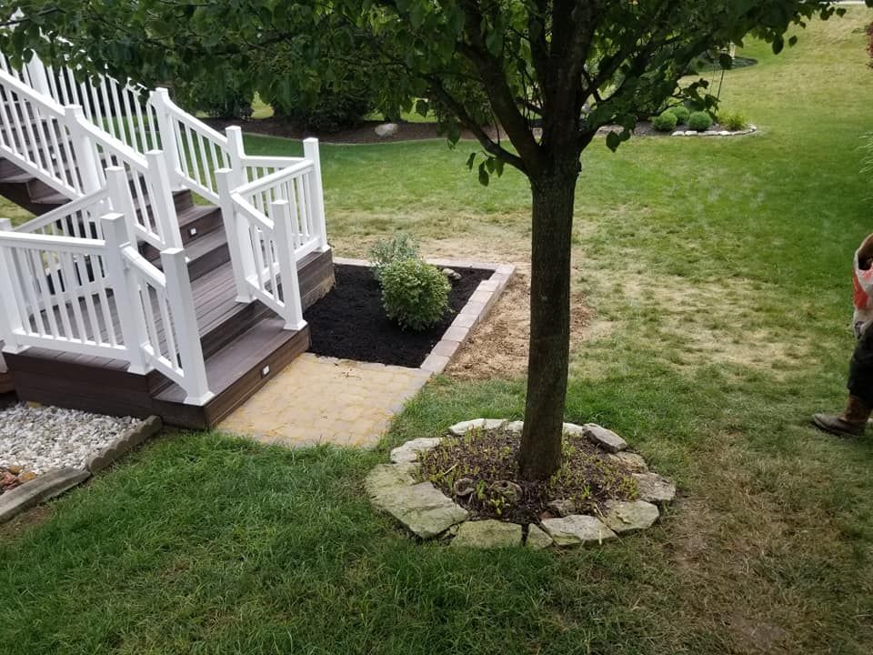 A person is standing next to a tree in front of a deck
