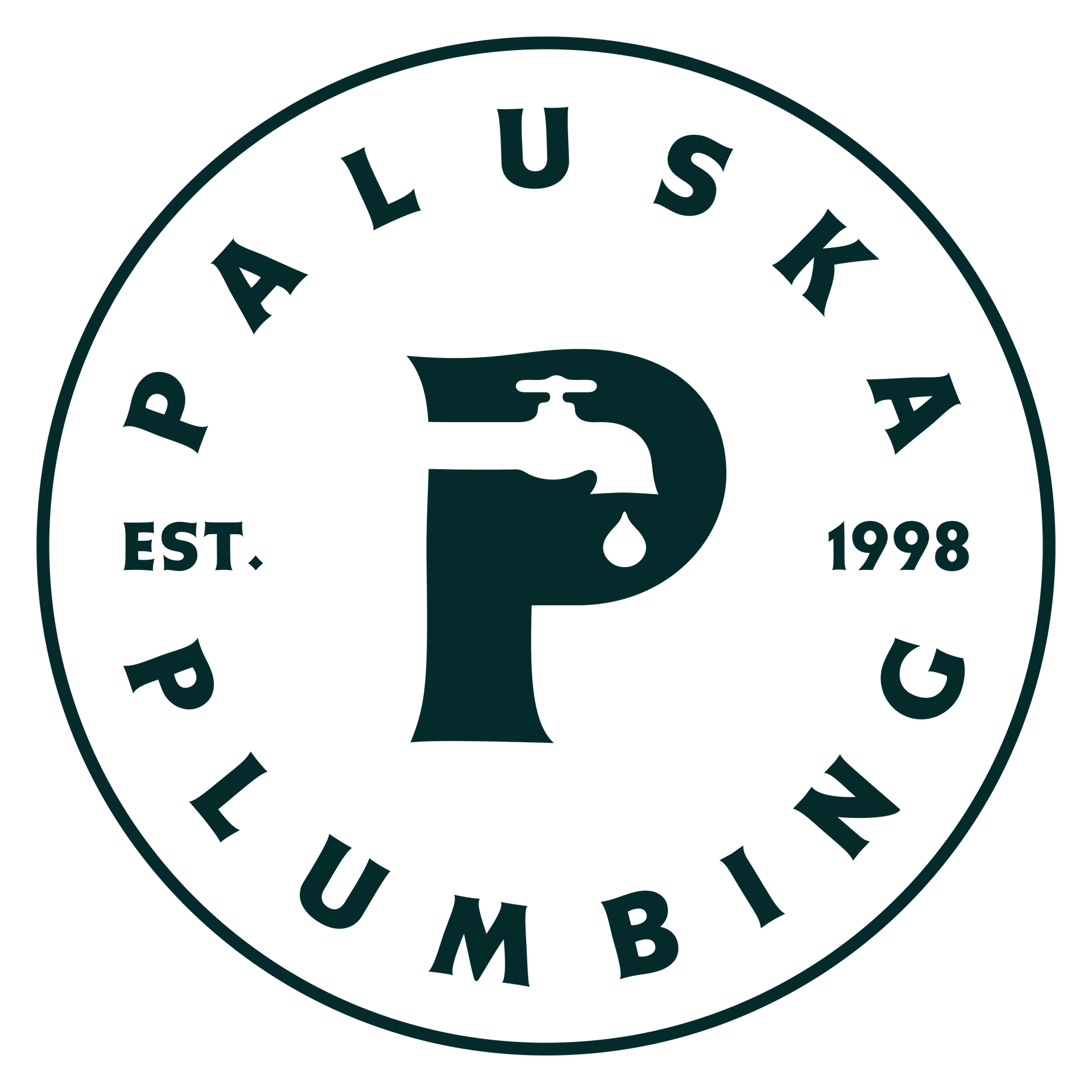 Paluska Plumbing logo: circular, dark green, with a tap inside the letter 