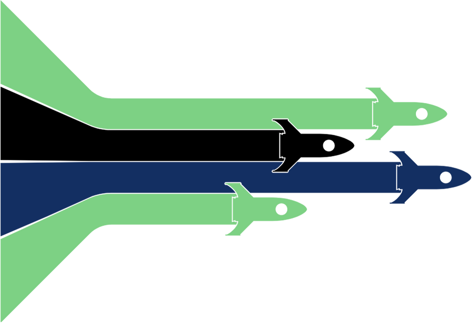 Three rockets are flying in a row on a white background.