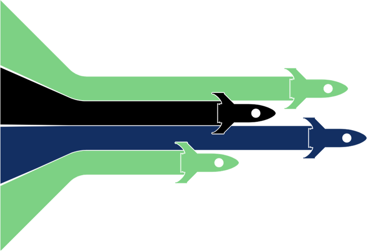 Three rockets are flying in a row on a white background.