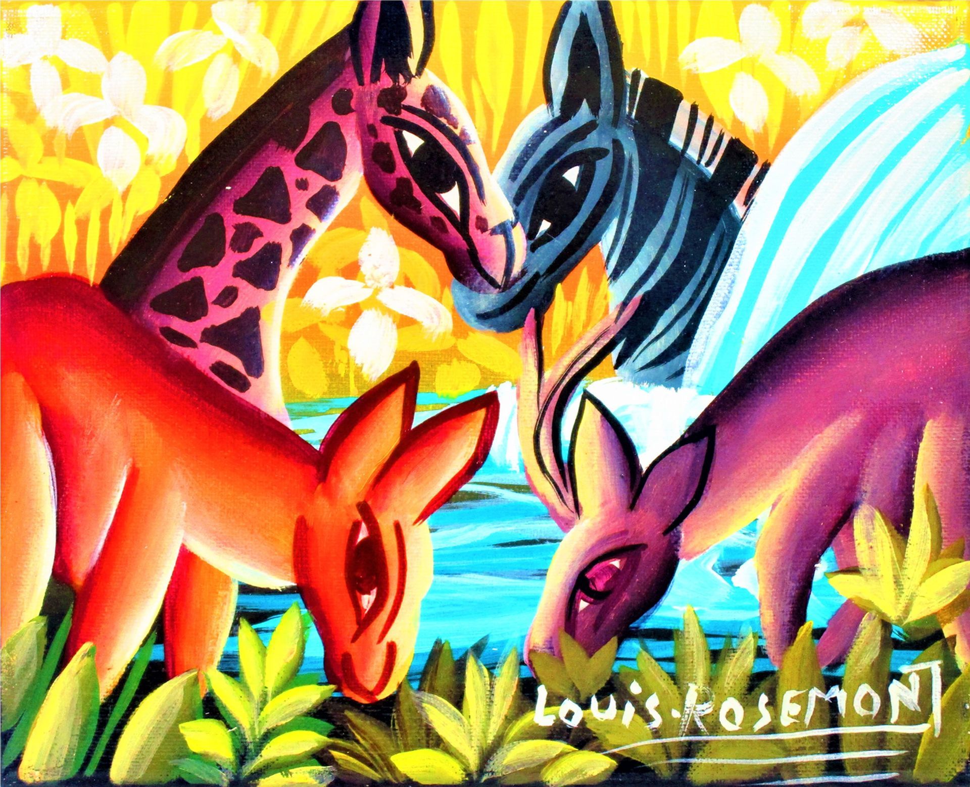 Colorful Haitian art of Praslin Paul from Haiti and Louis Rosemond in Miami Florida