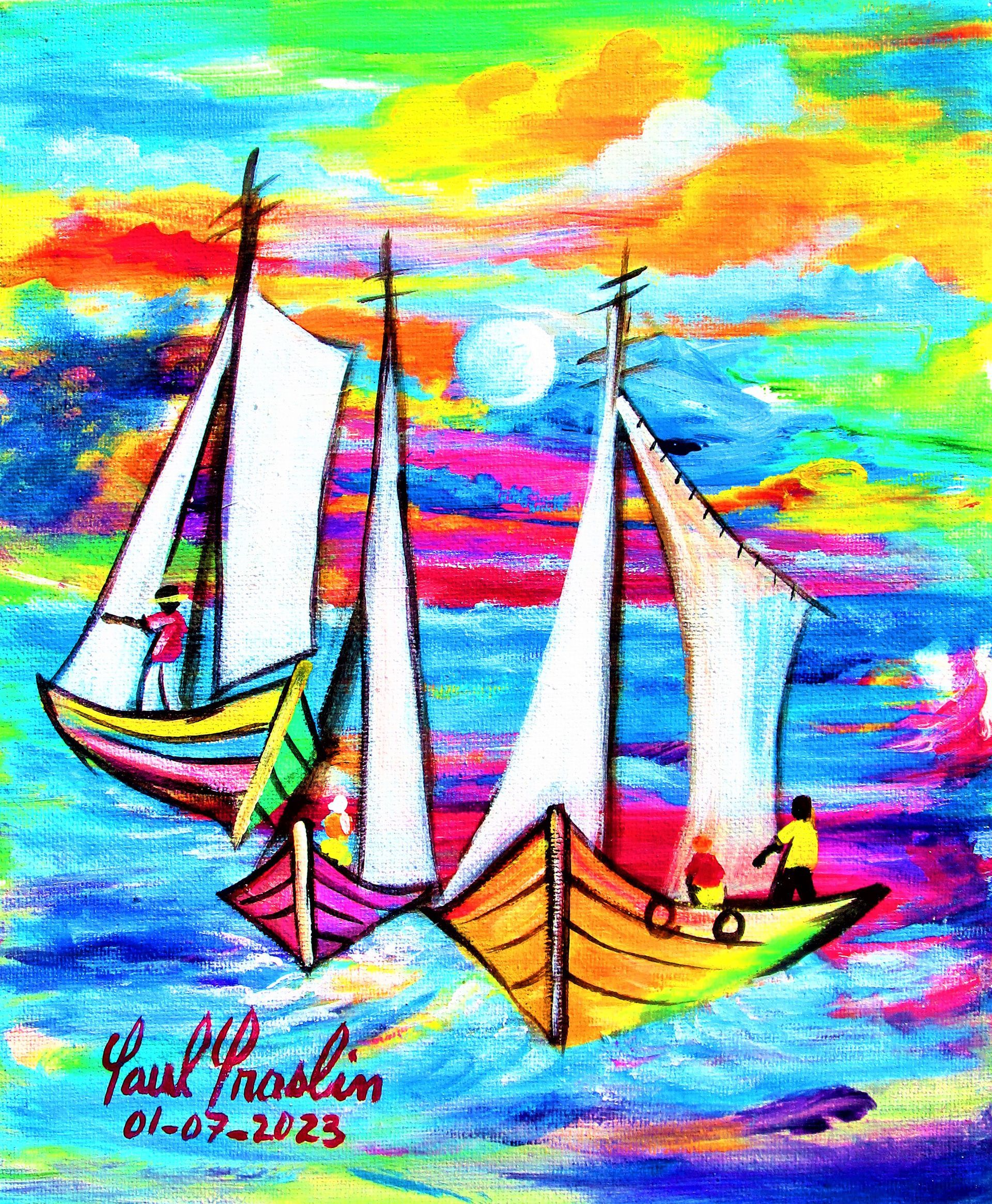 Colorful Haitian art of Praslin Paul from Haiti and Louis Rosemond in Miami Florida