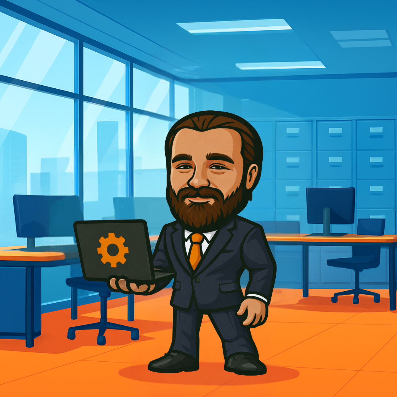 Cartoonfiguur in een robotpak met een laptop met een tandwielicoon. Paarse en oranje kleurovergang als achtergrond.